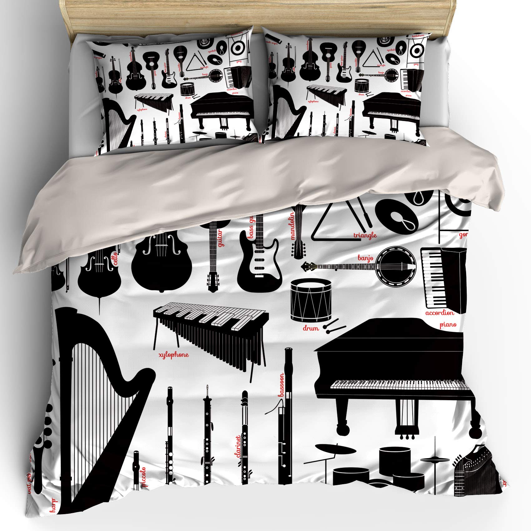 King Size Musical Instruments Duvet Cover Set - Piano, Drum, Organ, Trumpet & Guitar Print 3-Piece Bedding Set with 2 Pillow Shams (White) - Perfect for Music Lovers' Bedroom Decor & Gift