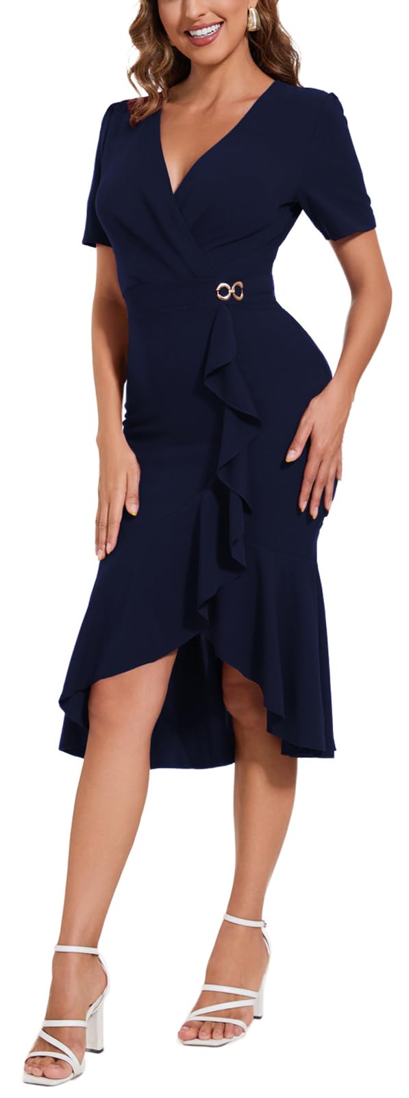 Sexy Women's Summer V-Neck Ruffle Flowy Midi Dress - Formal Wrap Bodycon Cocktail Party Dress for Evening Events, Date Night & Special Occasions