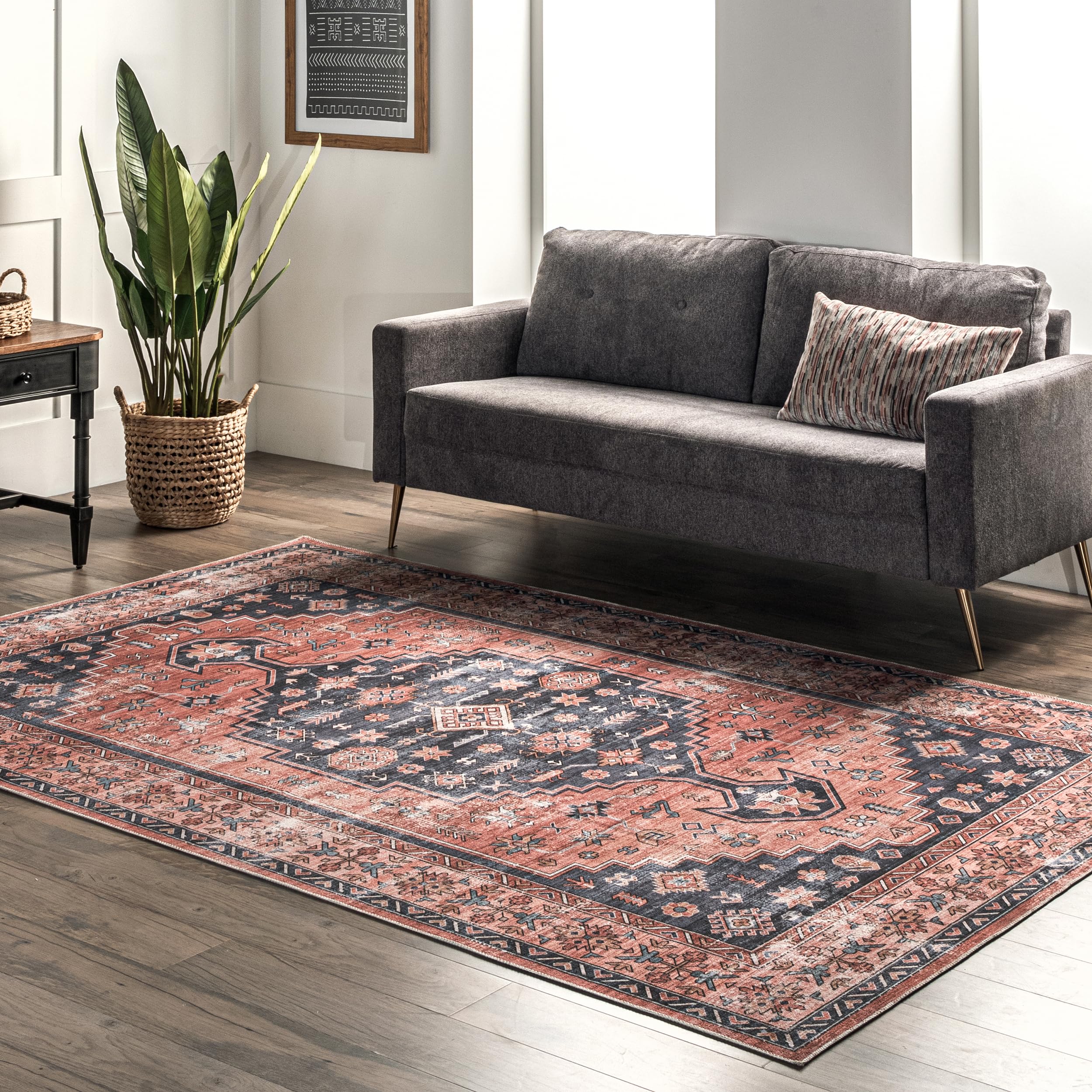 nuLOOM 5' x 8' Machine Washable Stain-Resistant Area Rug with Non-Slip Backing - Low Profile Soft Indoor Rug for Living Room, Bedroom & Dining Room - Brick Red - Perfect for High Traffic Areas & Pet-Friendly Homes