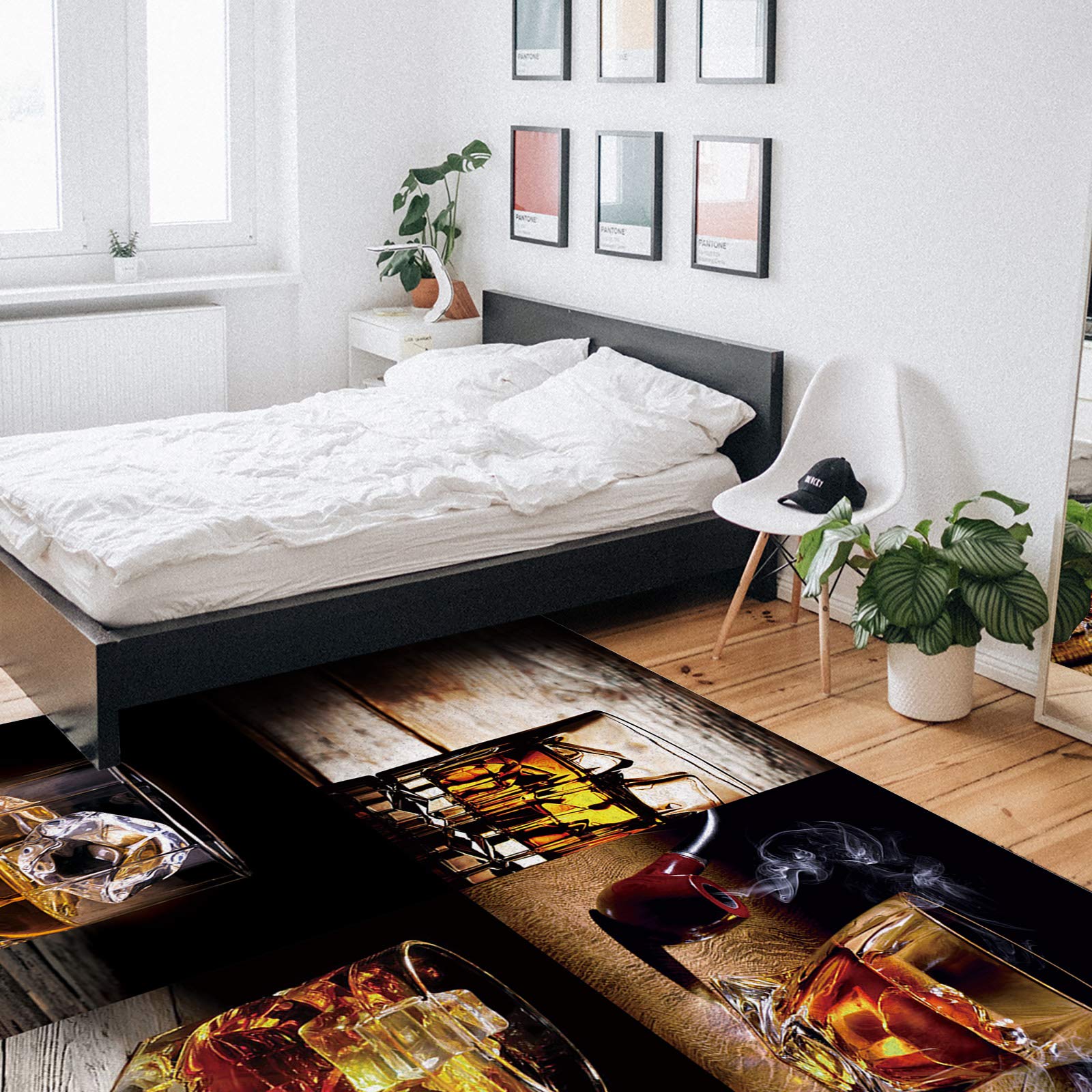 Savannan Non-Skid Area Rug - 5'x7' Rectangle Indoor Runner with Wine & Whisky Glass Design on Wood Plank Background - Perfect for Bedroom, Living Room, Playroom, Porch & Home Decor