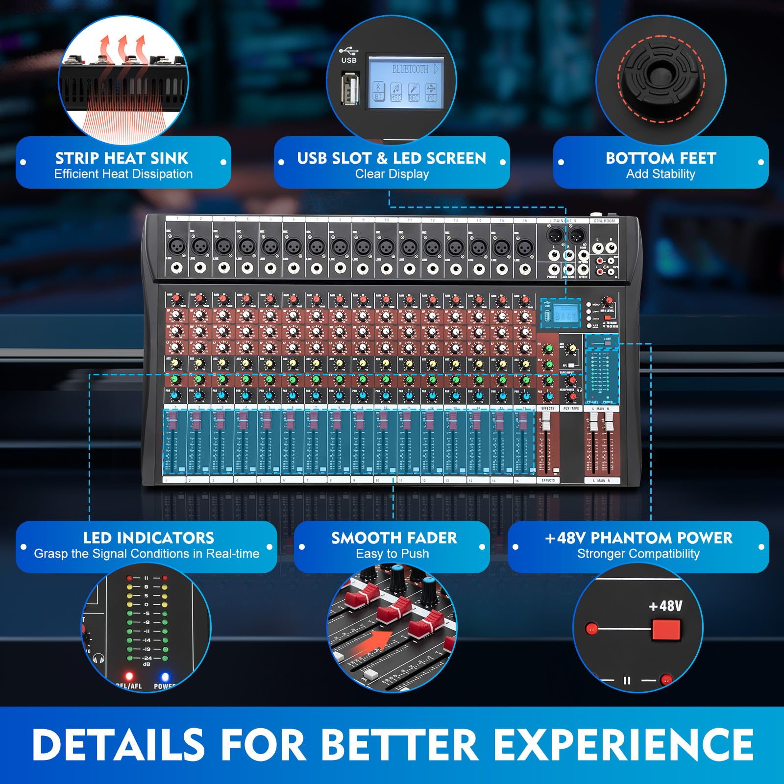 16 Channel Professional Audio Mixer with USB & Bluetooth - DJ Sound Controller & Studio Mixing Console for Live Performances, Recording, and Home Studios (Beginner & Pro Use)