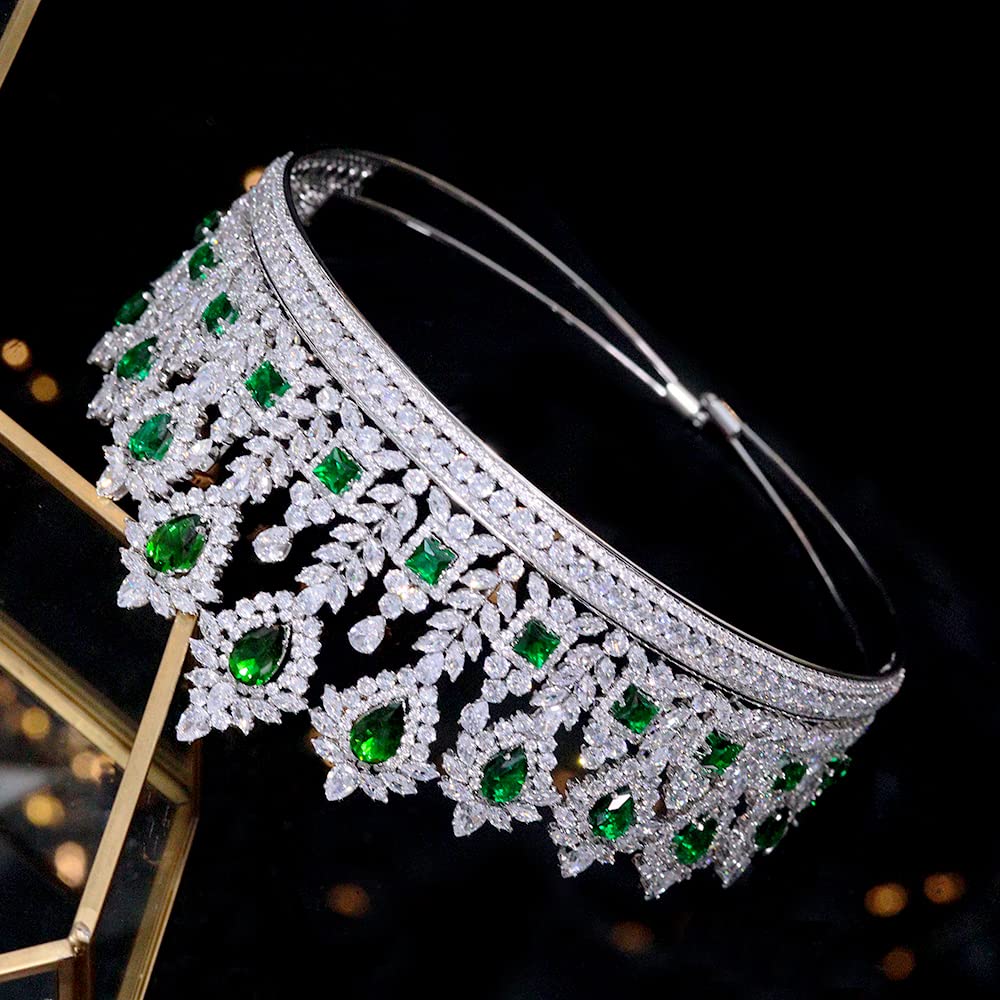 Jorsnovs Cubic Zirconia Princess Crown Tiara - Elegant Quinceañera & Bridal Headpiece with Large Emerald CZ Stones | Wedding, Prom, Pageant Hair Jewelry for Women & Girls | Perfect for Quinceañeras, Bridal Showers, and Special Occasions
