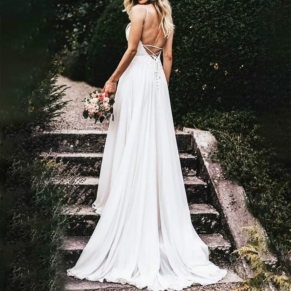 Dexinyuan 2024 Simple Beach Wedding Dresses for Bride - Chiffon Lace A-Line Backless Bohemian Bridal Gown for Women | Perfect for Destination Weddings, Beach Elopements & Boho Bridal Photoshoots