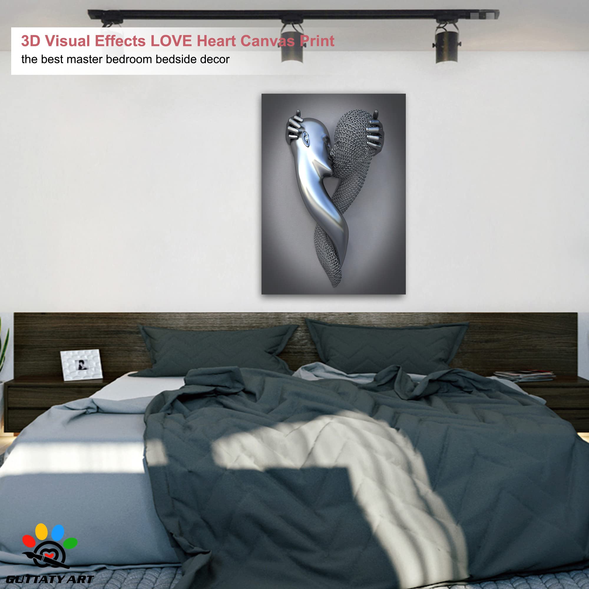 3D Metal Effect Love Heart Gray Wall Art - Romantic Kissing Couple Canvas for Bedroom & Living Room Decor - Valentine's Day Gift for Couples (28x40 Inches) - Perfect for Anniversary, Wedding & Home Interior Design