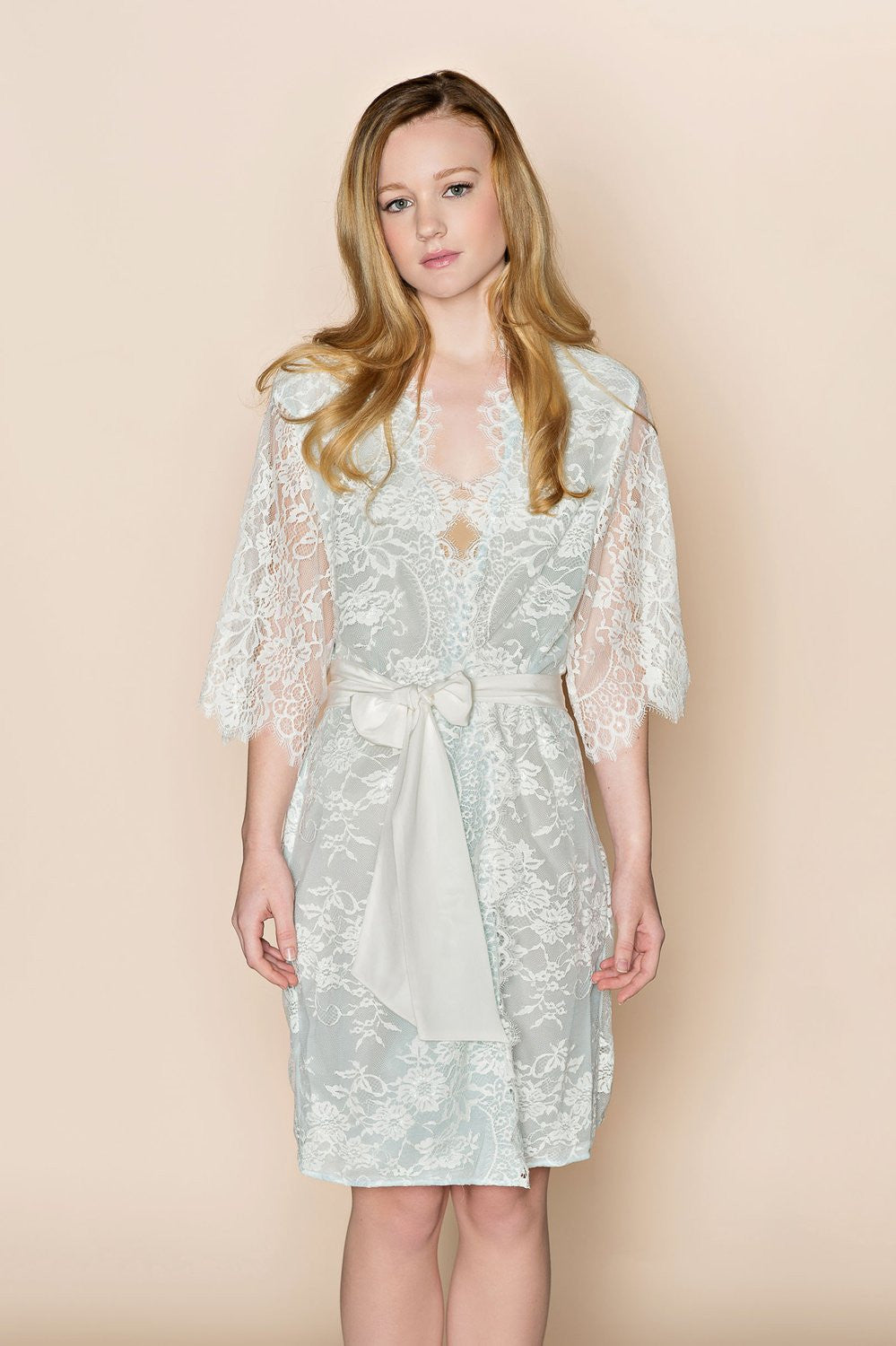 Light Blue Swan Queen Lace & Silk Bridal Robe Kimono - Style 104 | Elegant Wedding Party Getting Ready Outfit for Bridesmaids & Bride