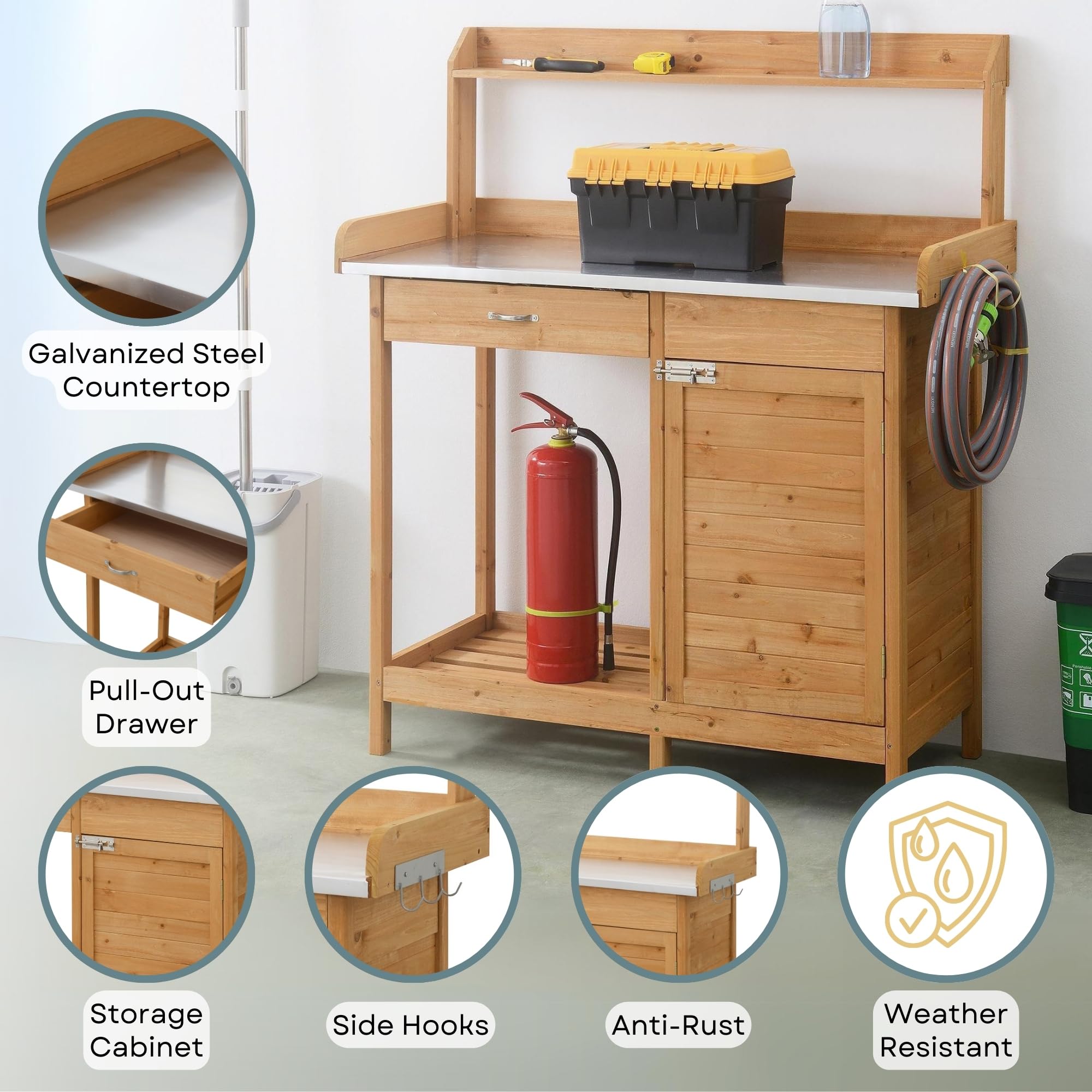 Deluxe 1 Drawer Potting Bench with Storage Cabinet & Shelves - Light Oak Wood Garden Workstation for Planting, Gardening & Outdoor Storage