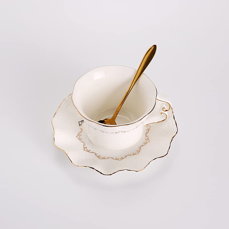 4-Piece European Ceramic Coffee Cup Set with Saucers & Metal Holder - 7oz White Tea & Espresso Cups for Wedding, Mother's Day Gifts - Perfect for Au Lait, Latte, Cafe Mocha & Cappuccino at Home or Café
