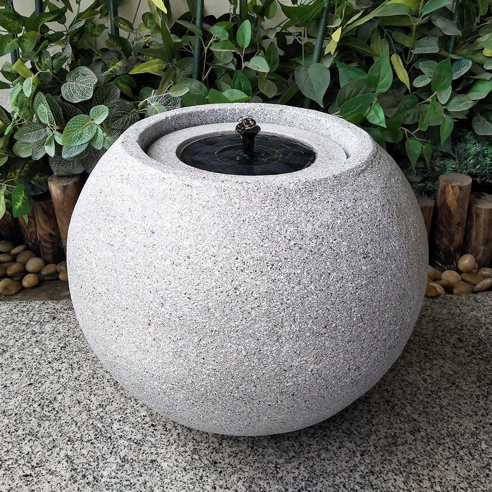 Solar-Powered Round Stone Water Fountain with LED Light - Light Grey Outdoor Garden Decor for Patio, Yard, and Landscape