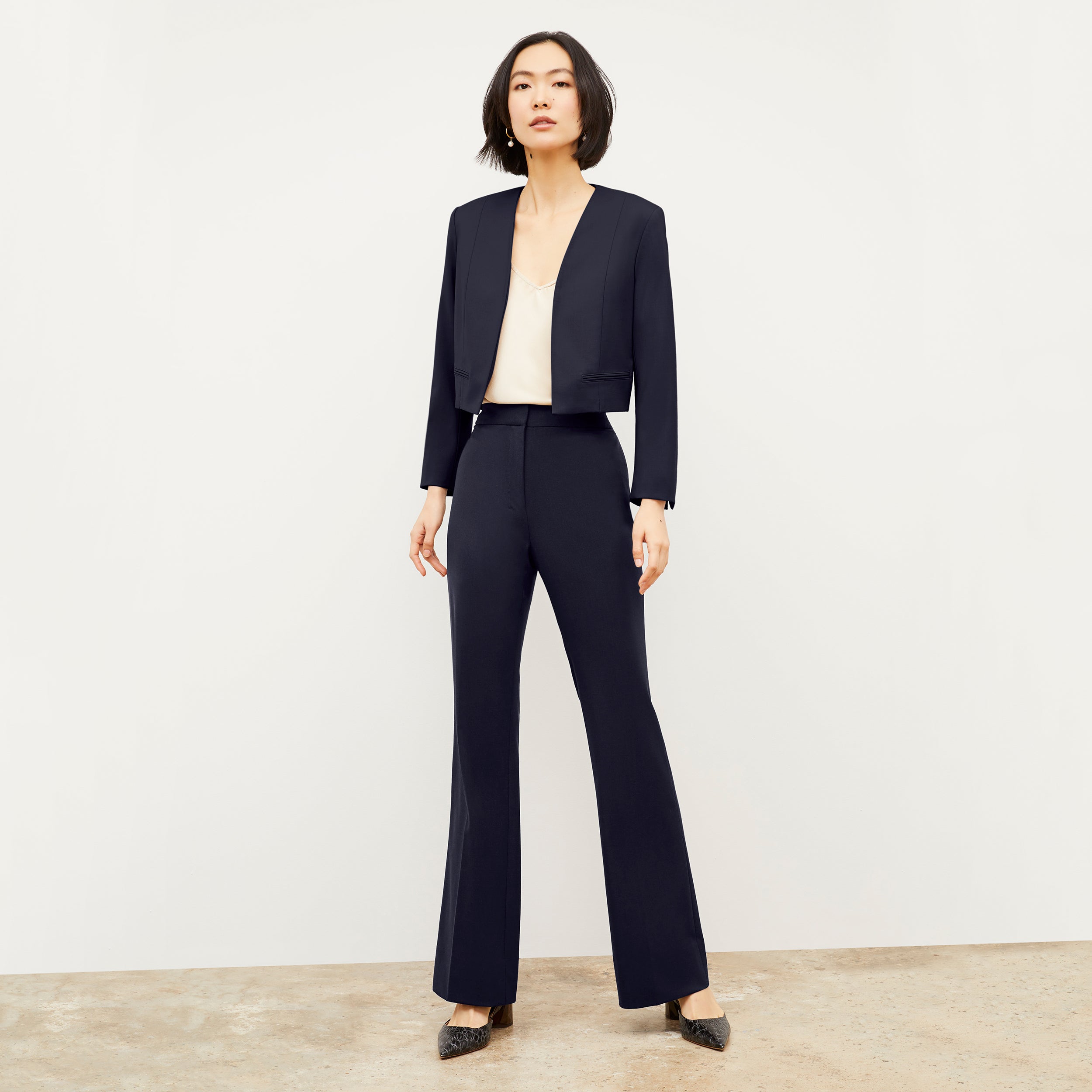 Horton Flare Trouser - Washable Wool Twill Pants for Women, Dark Navy - Perfect for Office Wear & Casual Outfits