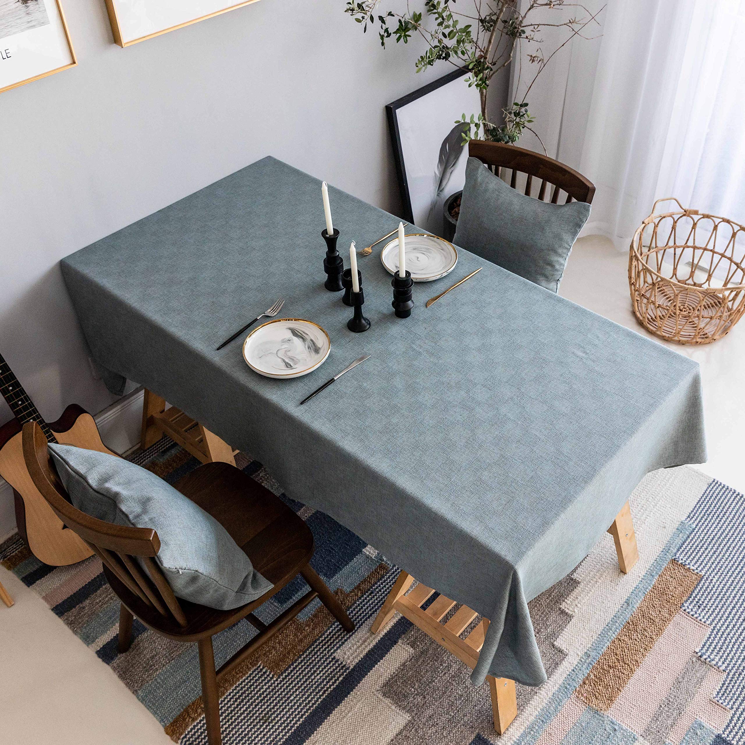 Blue Buffalo Check Tablecloth - 52 x 102 Inch Rectangle Table Cover for Parties, Kitchen & Dining Room Decor - Washable Greige Blue Cotton Tablecloth for Holiday Gatherings & Everyday Use
