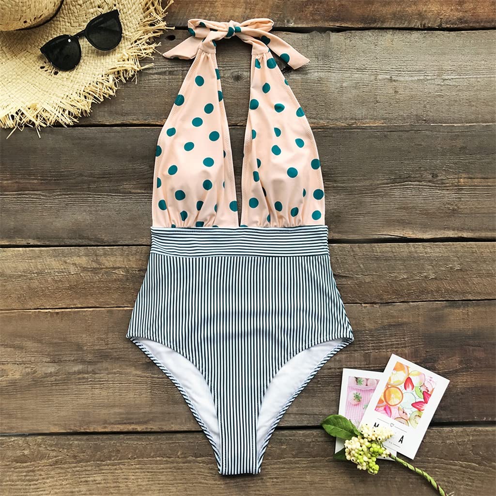 Retro Polka Dot Striped Halter One-Piece Swimsuit for Women - Sexy Deep V-Neck Bathing Suit - Perfect for Beach Vacations, Pool Parties & Summer Getaways