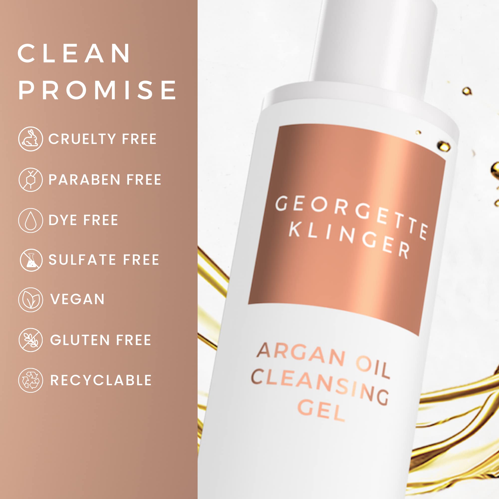 Georgette Klinger Argan Oil Cleansing Gel - Nourishing & Moisturizing Face Wash with Antioxidant-Rich Argan, Olive & Bergamot Oils - Deeply Cleanses Dirt, Makeup & Excess Oil - 6.7 oz - Perfect for Daily Skincare Routine & Makeup Removal