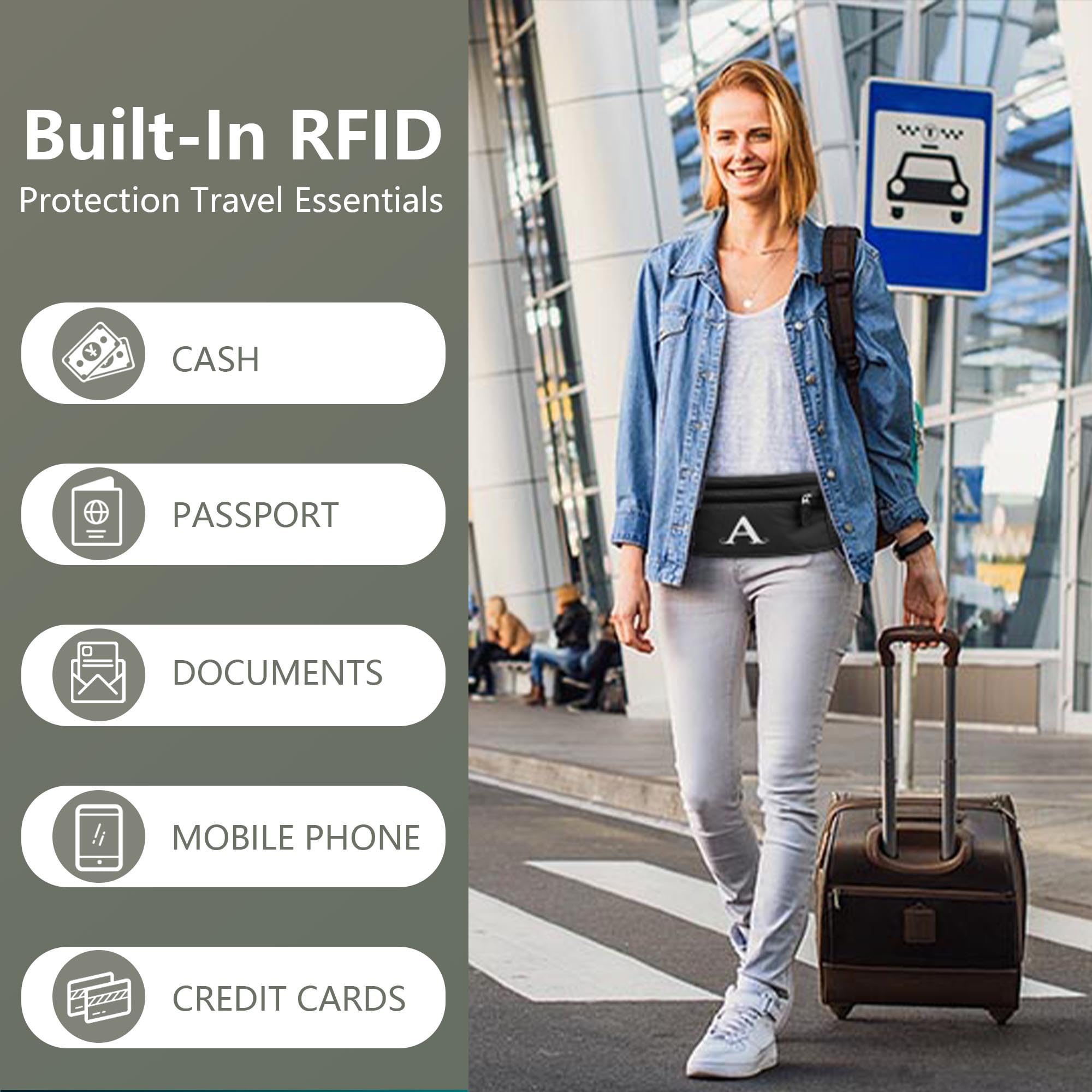 Anti-Theft RFID Travel Money Belt with Personalized Initials - Slim Passport Holder & Travel Wallet for Women & Men (Letter M) - Perfect for Airports, Vacations & Secure Cash Storage