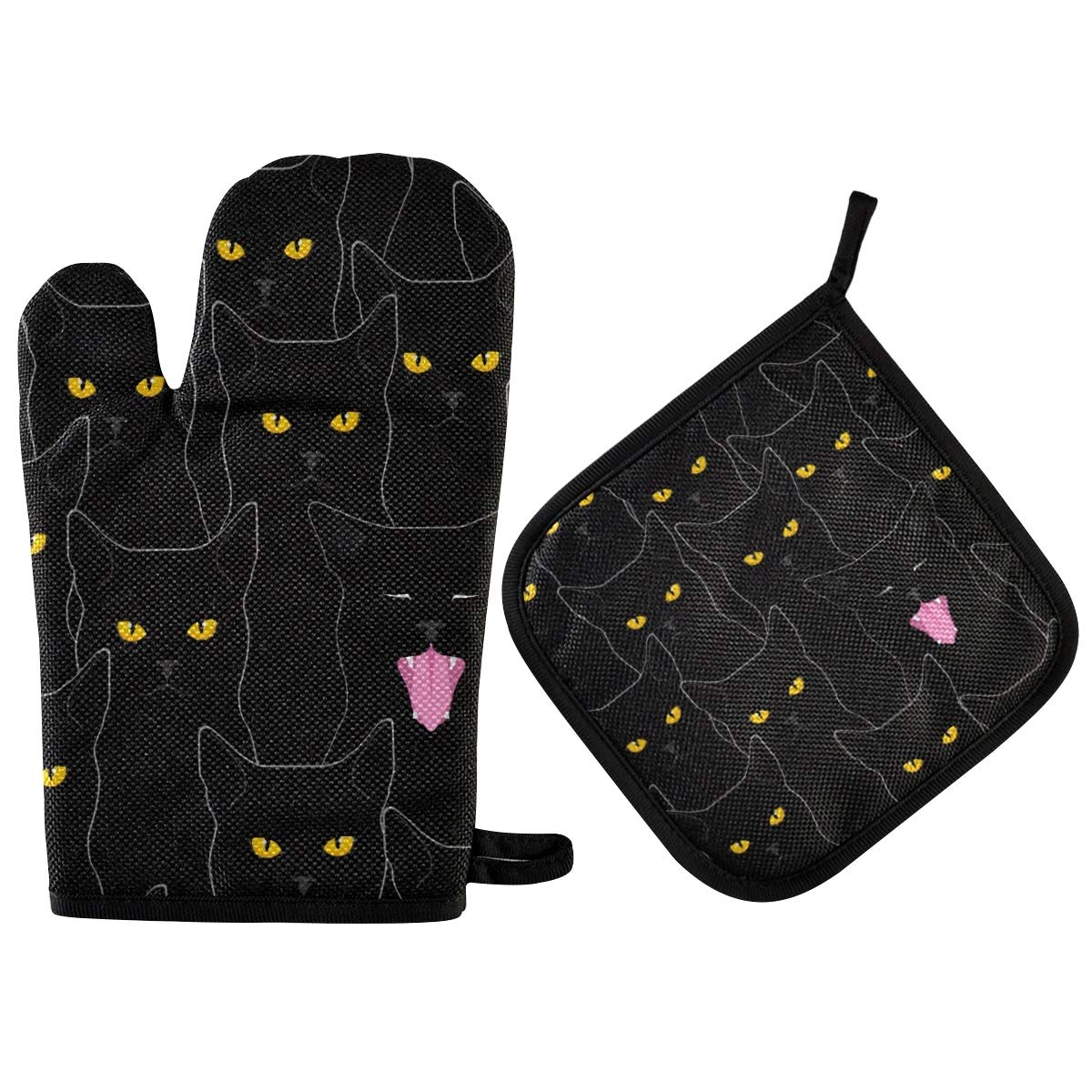 **Heat Resistant Oven Mitts & Pot Holders Set - Non-Slip Cute Black Cat Design for BBQ, Baking, Cooking & Grilling - Perfect Kitchen Accessories for Safe & Stylish Cooking**