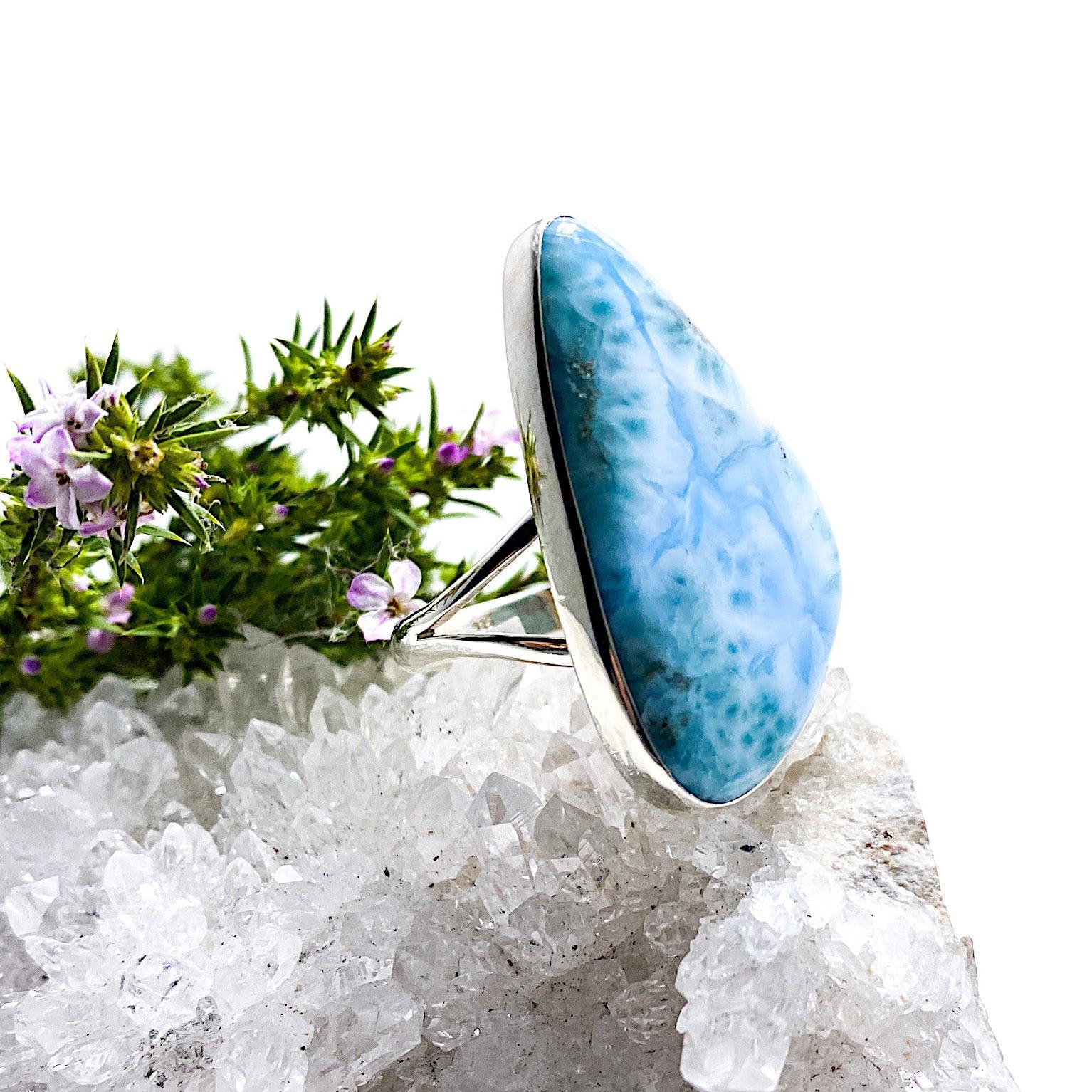 Larimar Freeform Cabochon Ring with Split Band - Size 10 (KRGJ1399) | Handmade Jewelry for Women, Boho Chic Accessory, Perfect for Beach Weddings & Everyday Wear