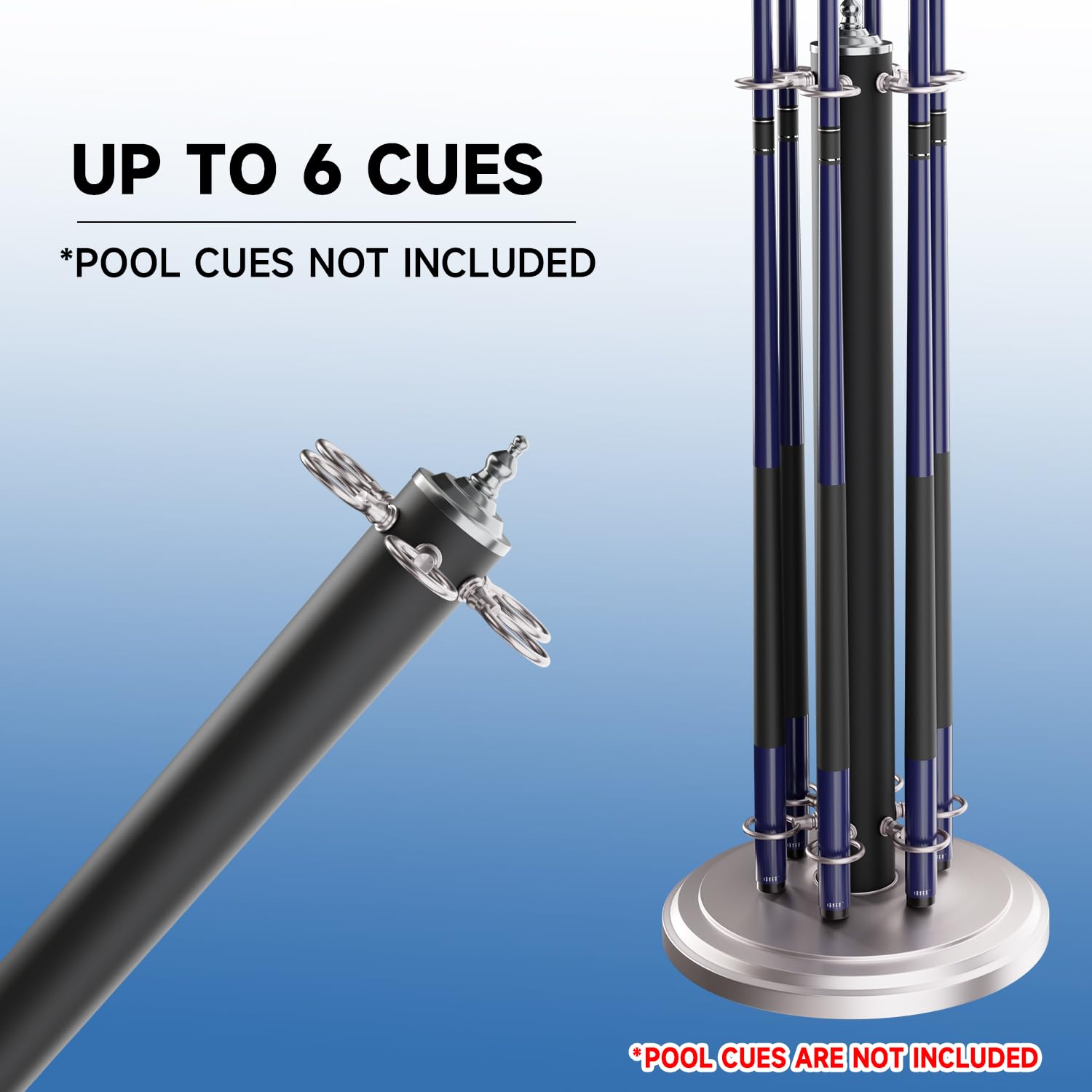 GSE Games & Sports Expert 6-Slot Metal Billiard Pool Cue Rack - Heavy Duty Stand-Style Cue Holder for Billiards Accessories (Black/Chrome/Walnut) - Perfect for Home Game Rooms, Bars, and Pool Halls