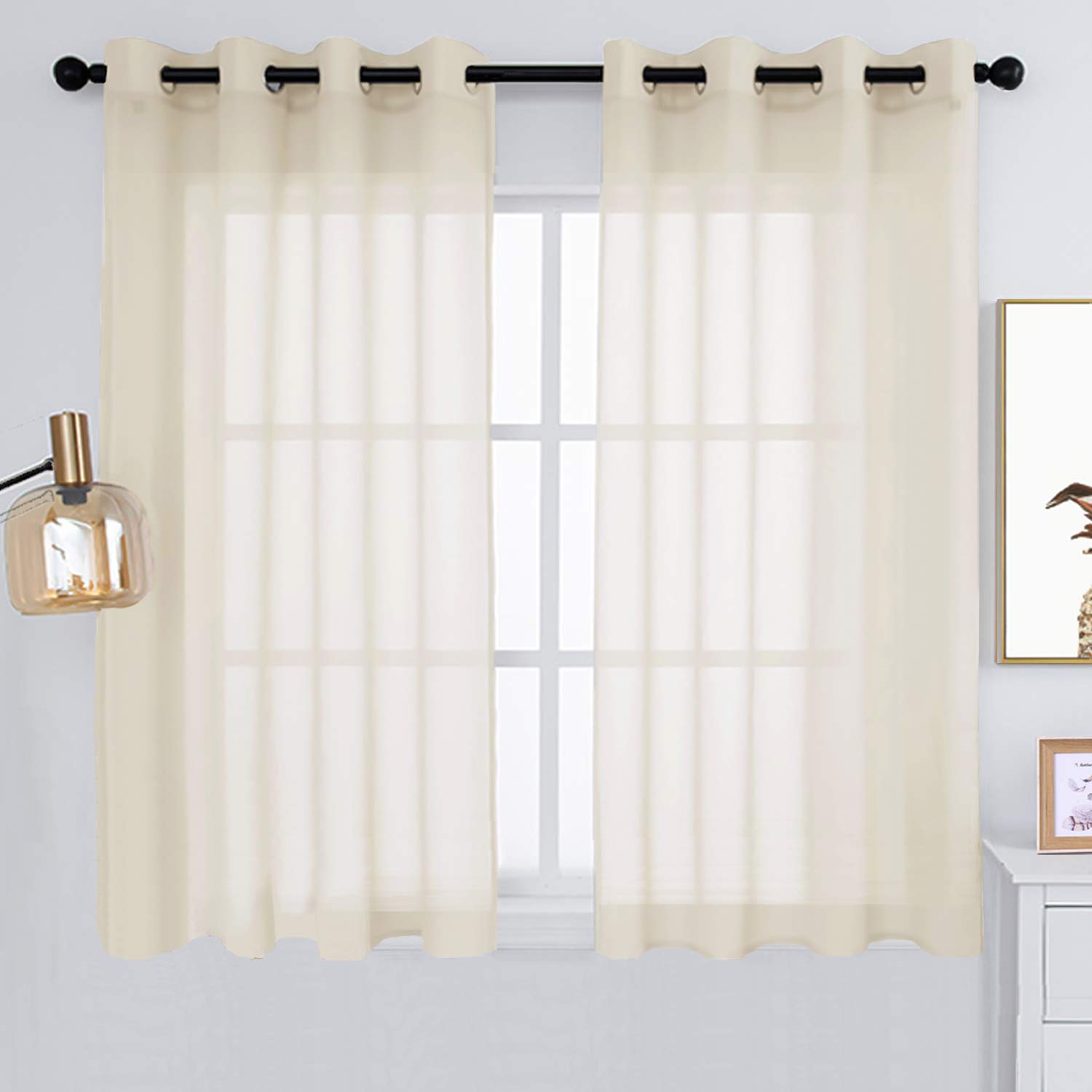 Rutterllow Sheer Voile Curtains 56x63 Inches - 2 Panels Linen Look Slub Grommet Top Window Drapes for Bedroom, Living Room, Nursery | Light Filtering Privacy & Elegant Home Decor in Beige