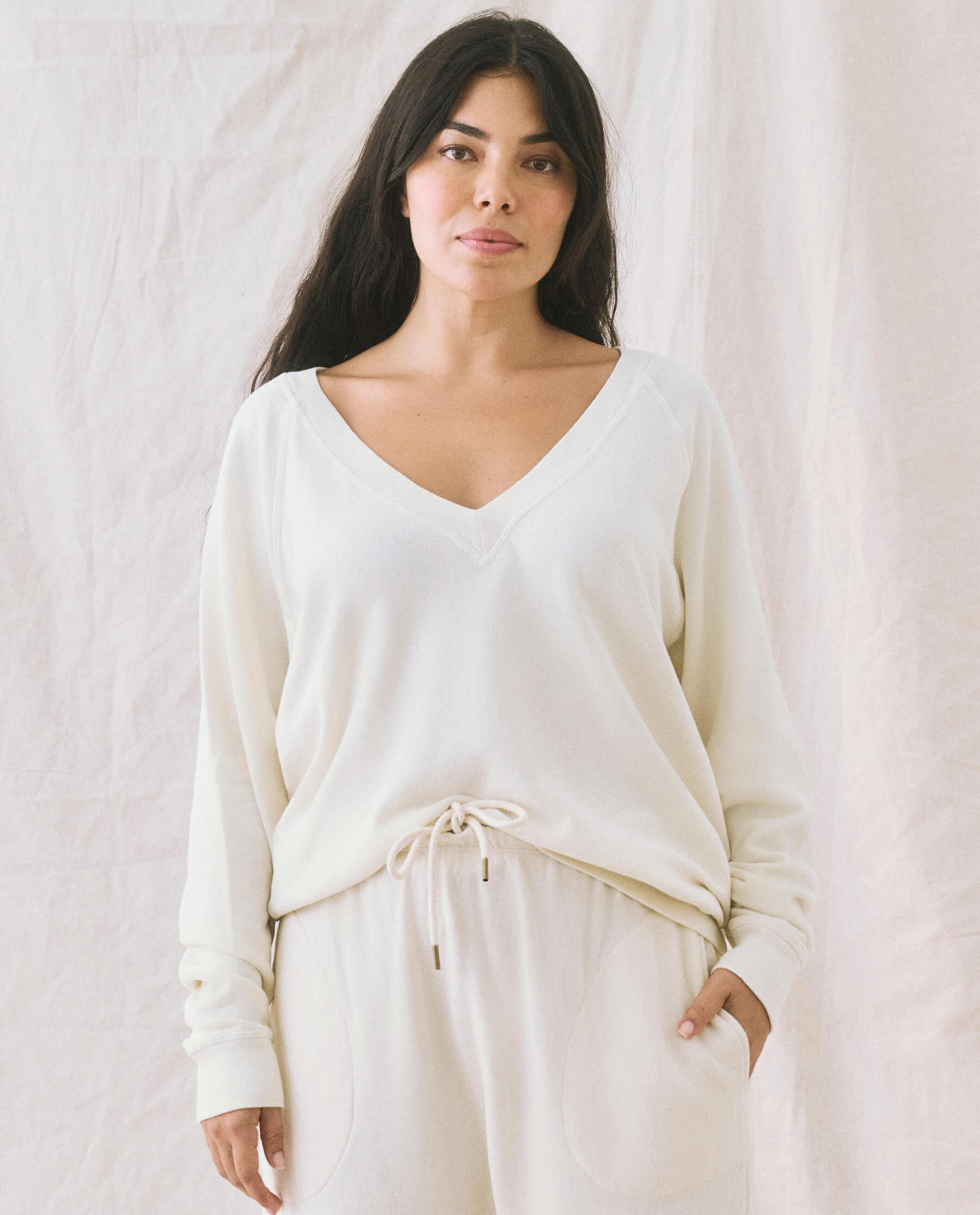 Soft Washed White V-Neck Sweatshirt for Women | Casual Pullover Top for Everyday Wear, Lounge & Outfits