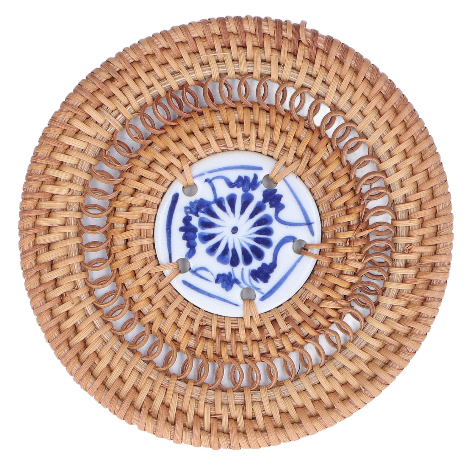 Blue and White Porcelain Coaster Set - Round Woven Rattan Cup Holder with Heat Insulation - 10CM Decorative Coasters for Basil Cups, Tea Cups & Coffee Mugs - Perfect for Home, Office and Gift Use
