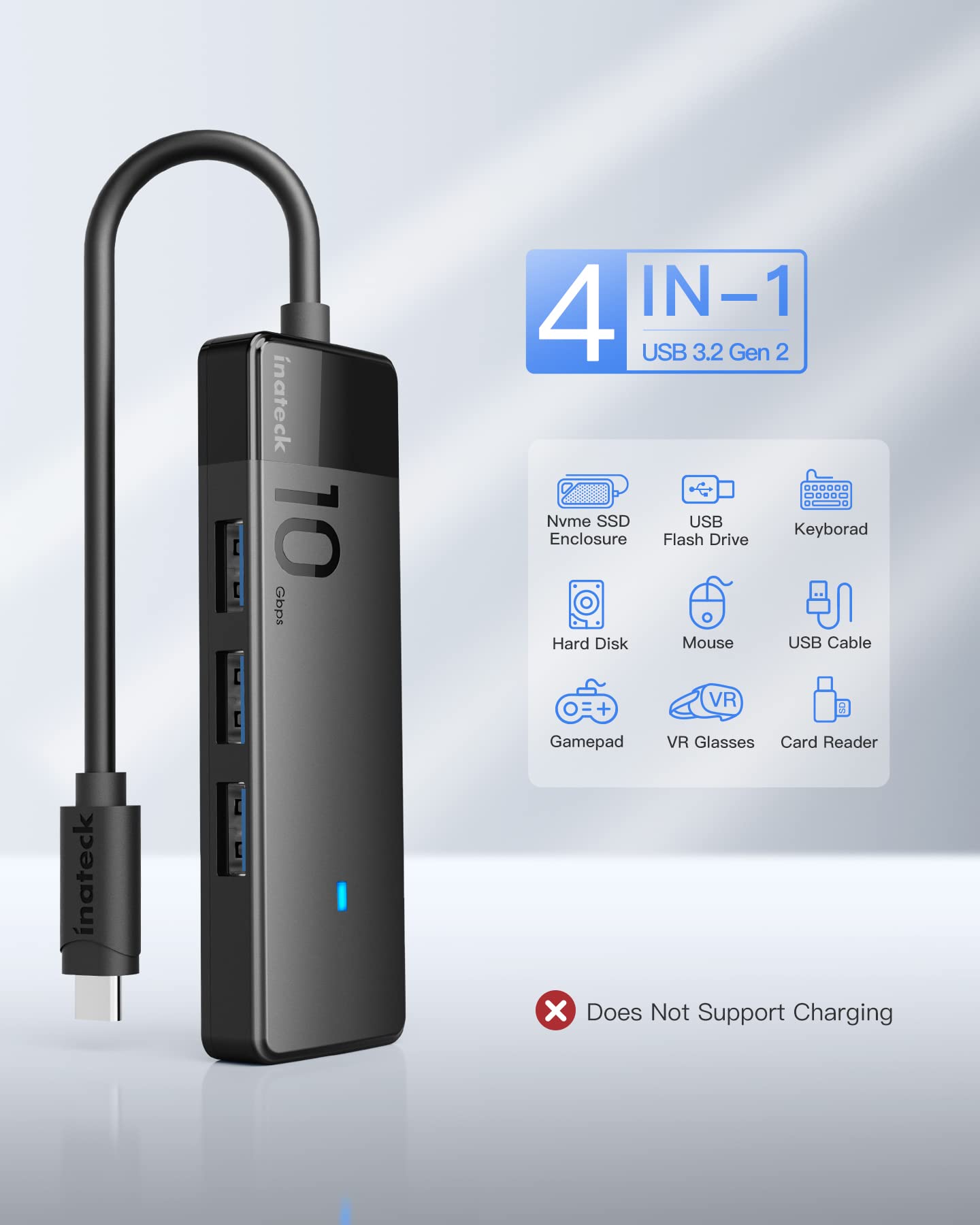 Inateck USB 3.2 Gen 2 Hub with 4 USB A Ports - 10Gbps High-Speed Data Transfer, 2X Faster Than USB 3.0 - Perfect for Laptop, PC, Gaming & Office Accessories (Model HB2025)