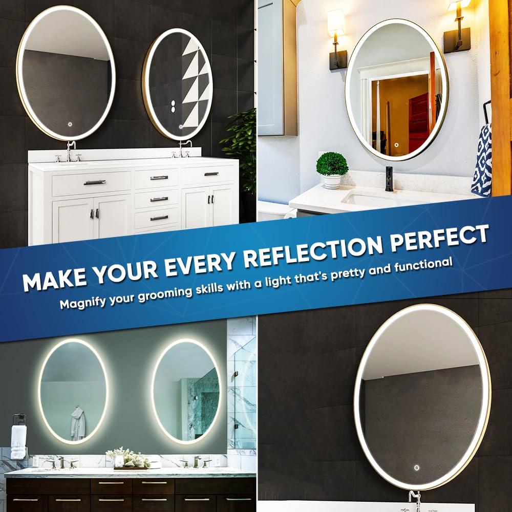LEDMyplace 24x32 Inch Oval LED Bathroom Mirror with Adjustable CCT (3000K/4000K/6000K), Anti-Fog, High CRI 90+, Touch Control - Wall Mounted Vanity Makeup Mirror with Memory Function - Perfect for Modern Bathrooms, Dressing Rooms & Makeup Studios
