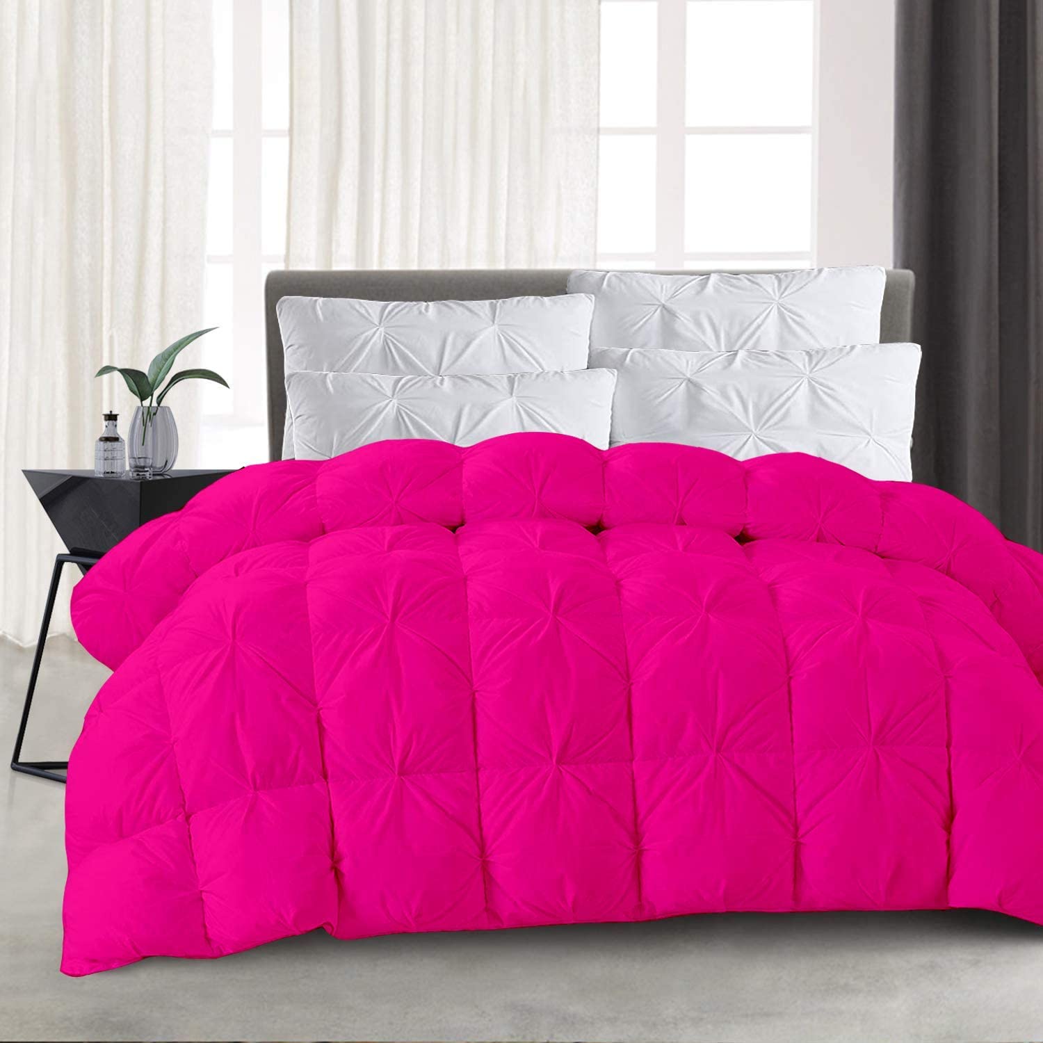 Lightweight Pinch Pleated Cotton Comforter - 100% All Season Down Alternative Quilted Bedding - Soft & Cooling Comforter for Warm Weather & Hot Sleepers - Full/Queen Size Hot Pink - Perfect for Summer Nights & Guest Bedrooms