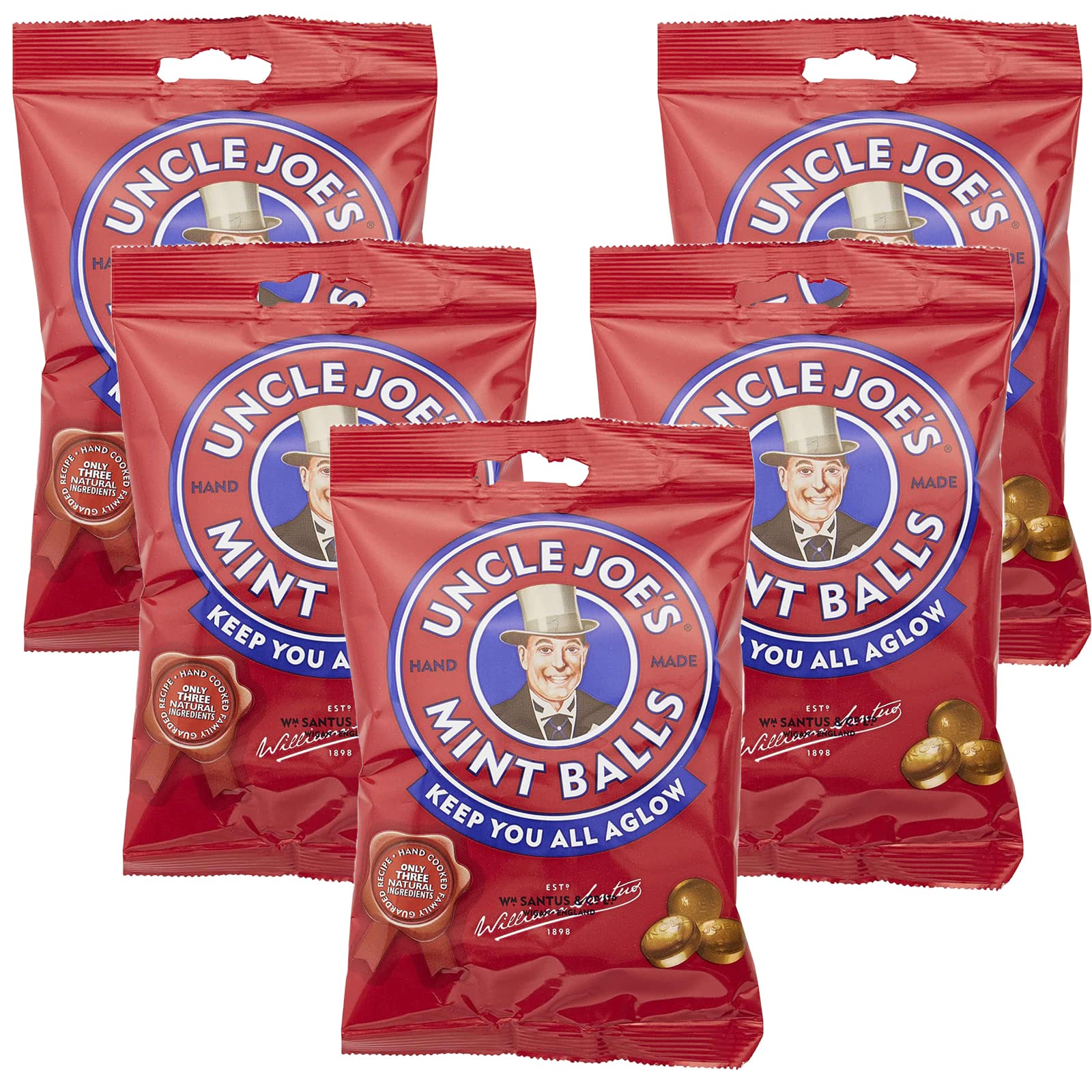 Uncle Joe's Mint Balls - Traditional British Hard Candy (Pack of 5) | Gluten Free, Vegan & Natural Mints | Handmade in UK | Individually Wrapped for Freshness | Perfect for Office Snacks, Travel Treats & Gift Giving | 3.17 Oz Bags