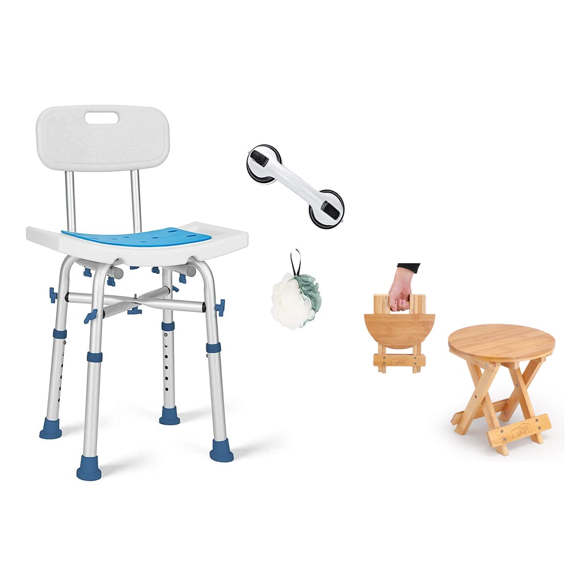 Heavy Duty 500lb Adjustable Shower Chair with Back Support - EVA Padded Bath Seat & Bamboo Folding Stool - Non-Slip Shower Foot Rest for Elderly, Disabled & Leg Shaving - Ideal for Small Bathrooms & Walk-In Showers