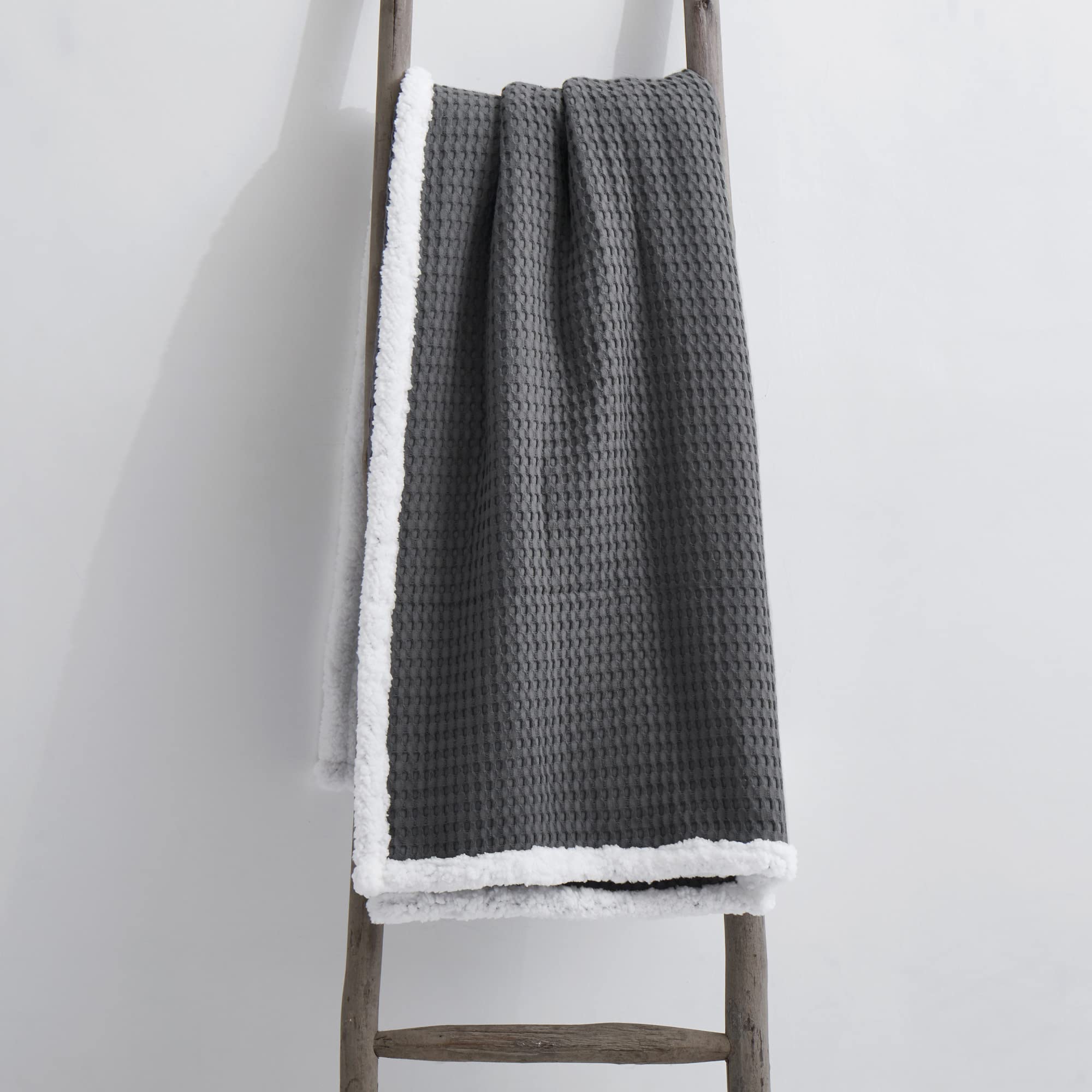 Levtex Home Mills Waffle Sherpa Throw Blanket - Ultra Soft Charcoal Cotton Waffle Weave - Quilt Size 50x60 Inches - Cozy for Bed, Sofa & Winter Nights