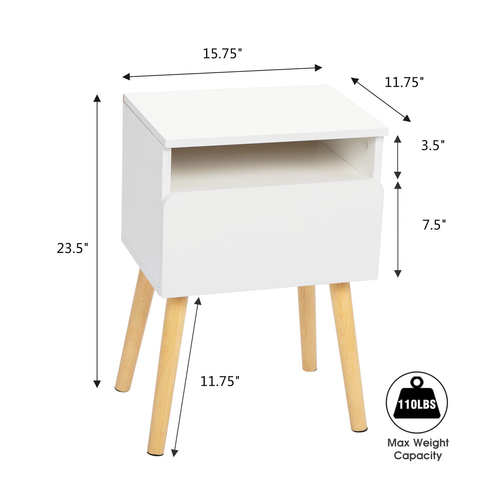 VERYKE Modern Wooden Nightstand Set of 2 - Bedroom End Tables with Drawer & Open Shelf, Solid Wood Legs Accent Side Table for Living Room, Bedroom, or Office (White) - Perfect for Storing Books, Lamps, and Bedroom Essentials