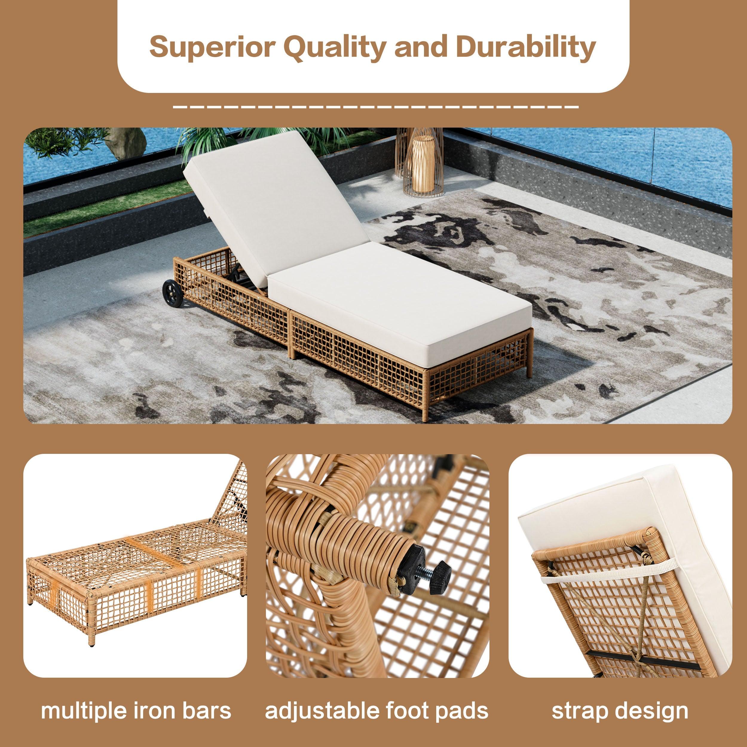 5-Position Adjustable Rattan Patio Lounge Chair with Cushion & Wheels - Waterproof Outdoor Chaise for Poolside, Backyard, Garden Relaxation | Perfect for Sunbathing, Lounging & Outdoor Leisure