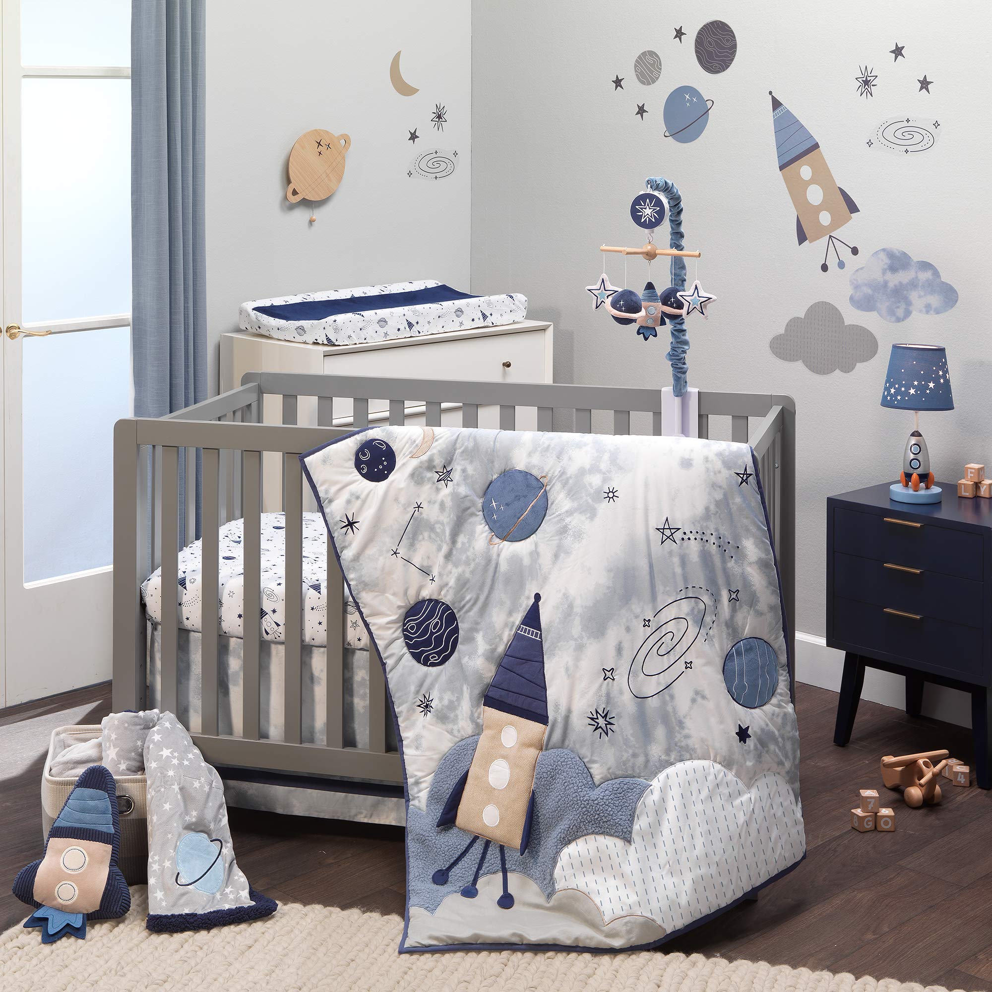 Lambs & Ivy Sky Rocket Planets and Stars Musical Baby Crib Mobile Soother Toy - Blue | Calming Nursery Decor for Newborns & Infants | Perfect Baby Shower Gift