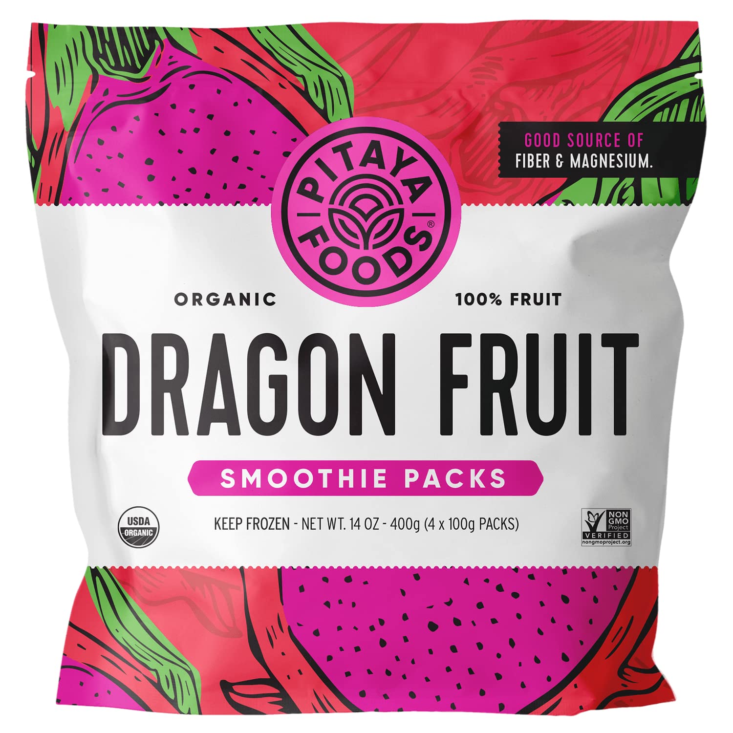 Organic Dragon Fruit Smoothie Packs - Pitaya Foods Frozen Fruit Puree, No Sugar Added, Non-GMO, Rich in Fiber, Magnesium & Vitamin C, 14oz (8-Pack) | Perfect for Smoothies, Yogurt Bowls & Healthy Snacks