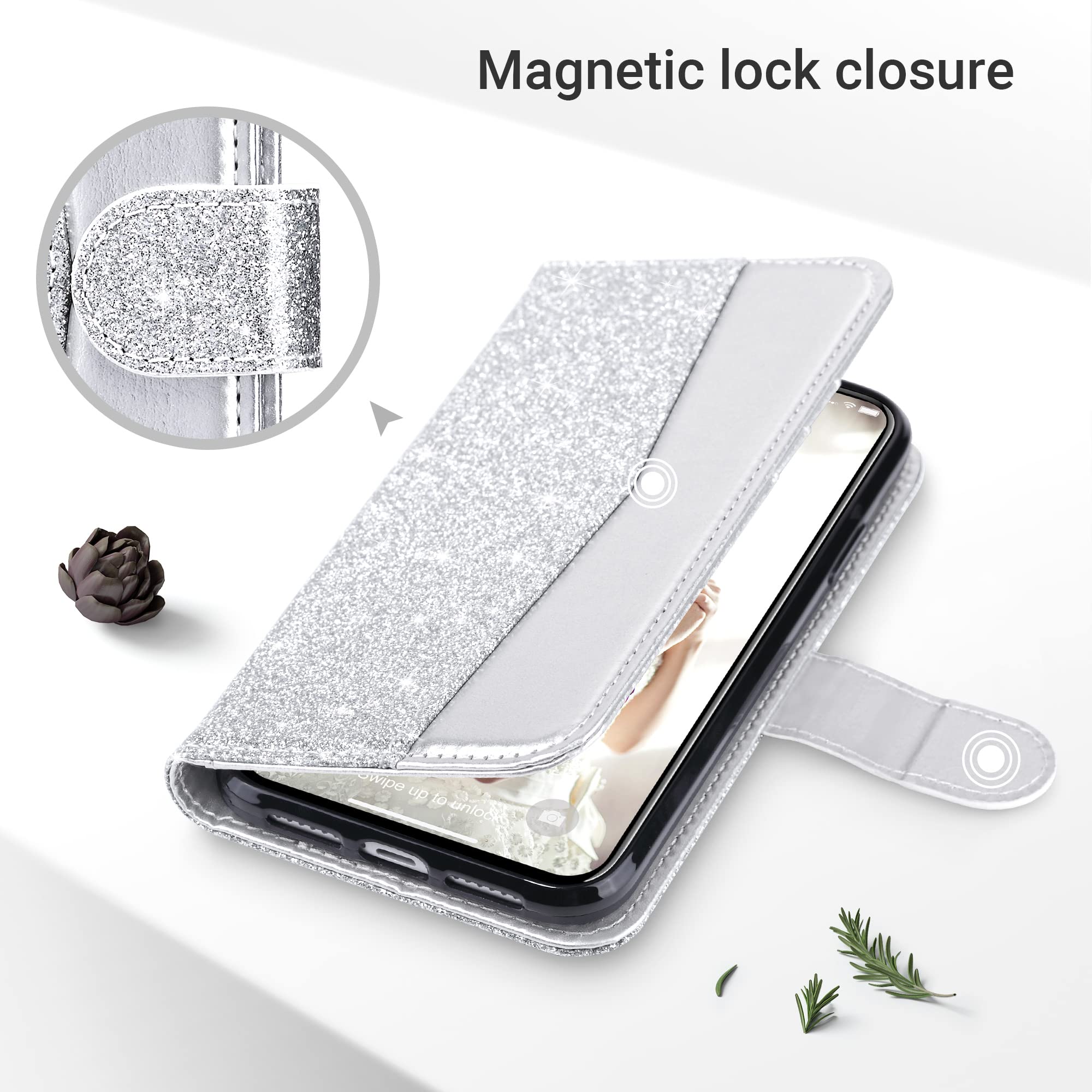 ULAK iPhone 11 Wallet Case for Women - PU Leather Flip Cover with Card Holder, Kickstand & Magnetic Closure | Protective TPU Interior Purse Case for iPhone 11 6.1 Inch (Silver) | Perfect for Daily Use, Travel & Hands-Free Viewing