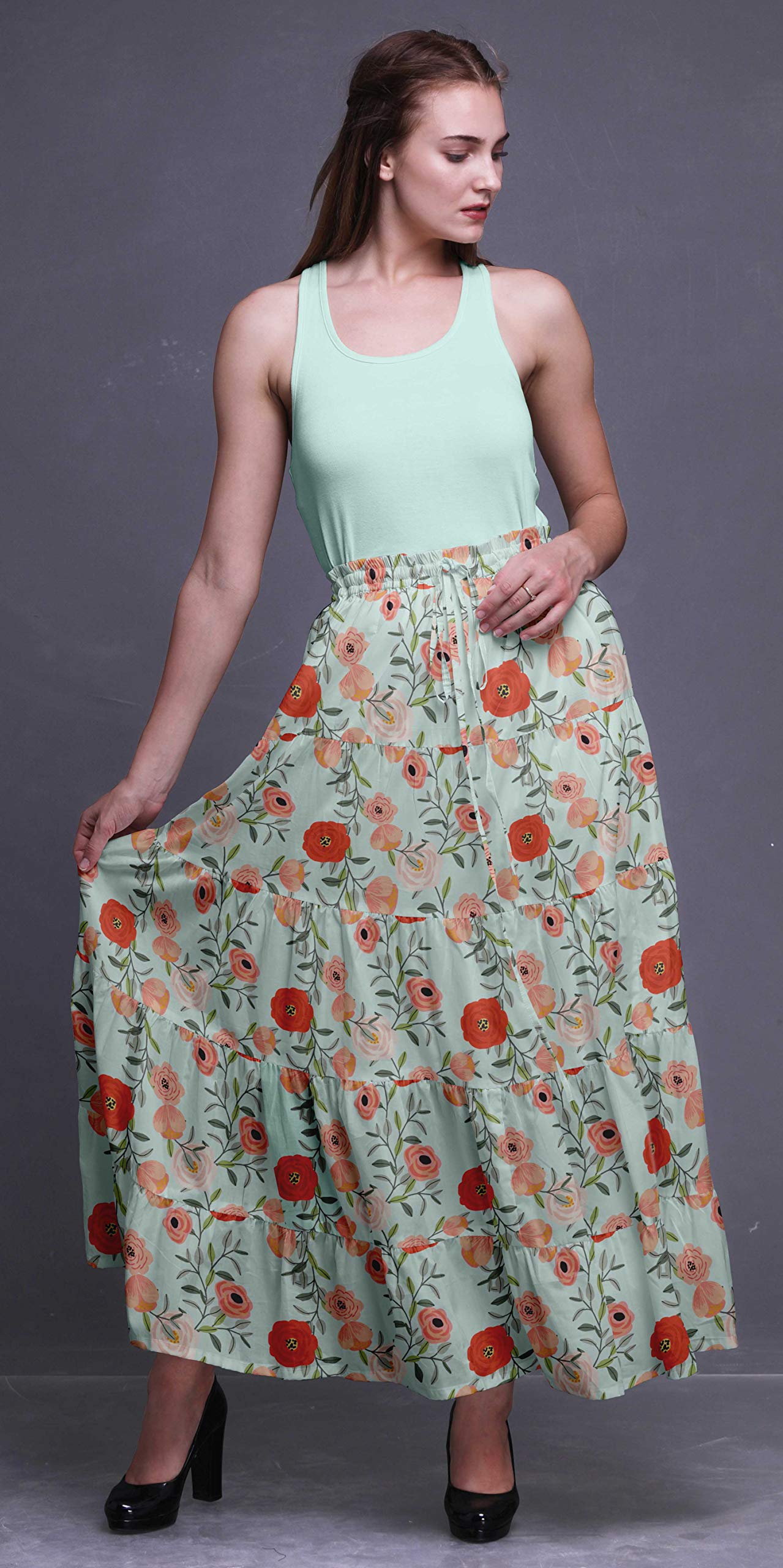 Boho Printed Long 5-Tier Cotton Skirt for Women | Flowy Maxi Skirt with Elastic Waist | Perfect for Beach, Festival, and Summer Outfits