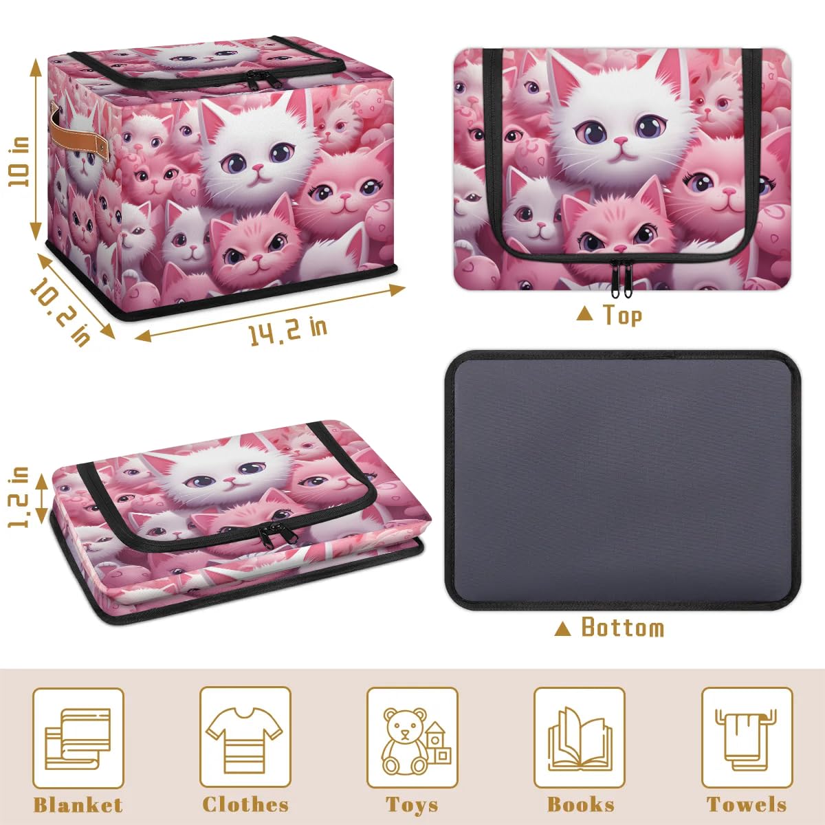 Collapsible Storage Bins with Lids - Cute Kitten Design Stackable Fabric Storage Cubes | Dustproof Closet Organizer for Clothes, Toys, Blankets | Perfect for Bedroom, Nursery, and Home Organization