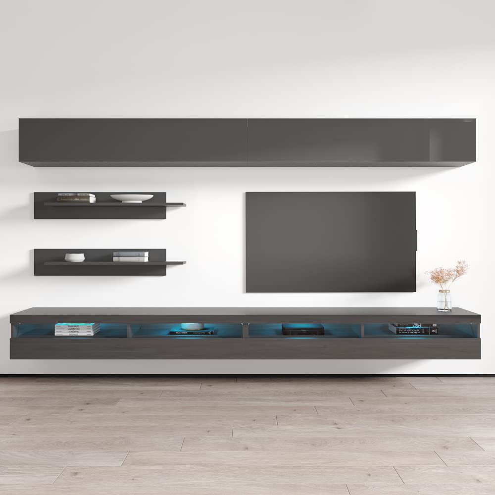Modern Gray Wall-Mounted TV Stand with Storage Shelves & LED Lights - Floating Entertainment Center Console for Living Room & Bedroom - Perfect for Small Spaces, Apartments & Home Theater Setups
