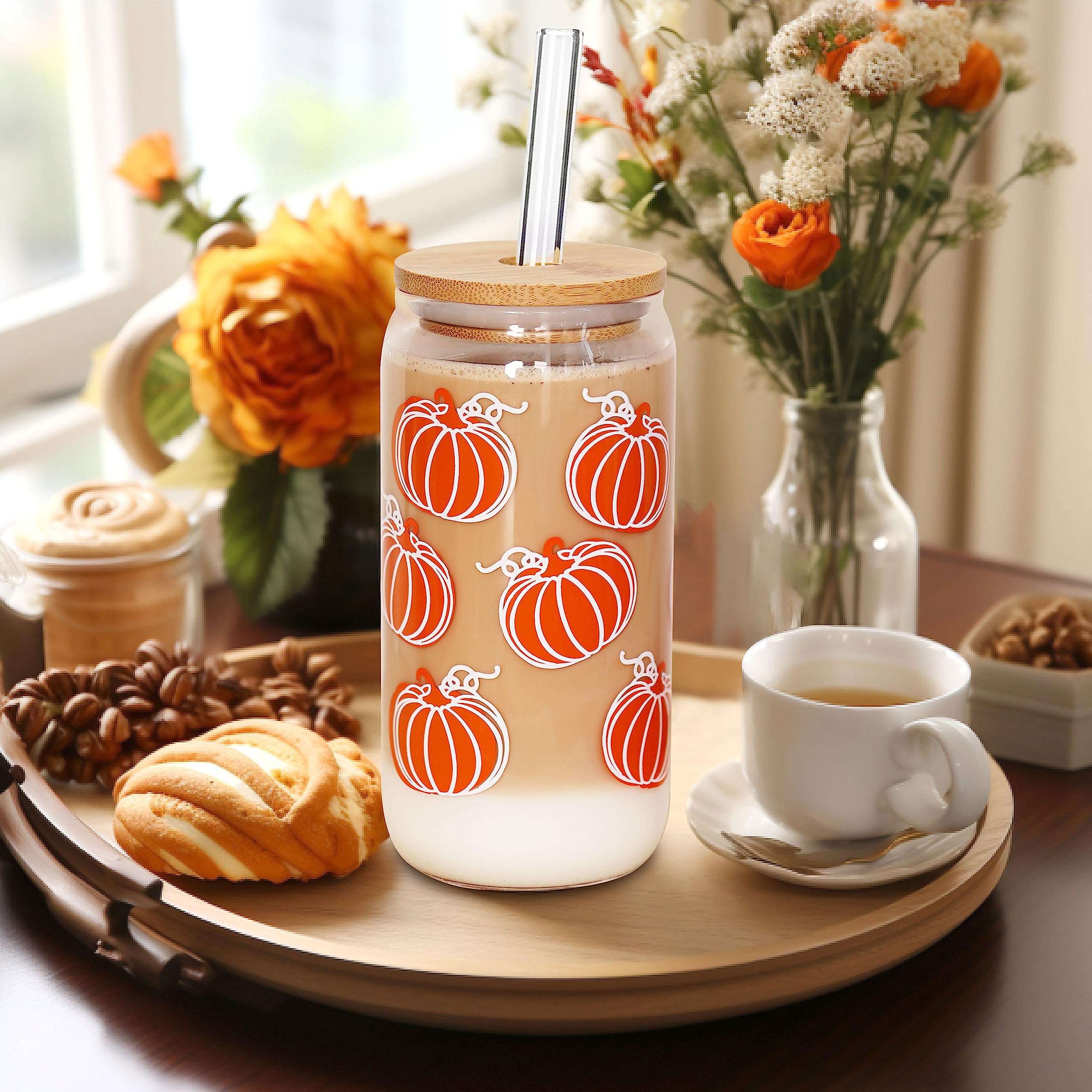 ANOTION 18oz Fall Coffee Cups - Pumpkin Mug for Hot & Iced Drinks, Autumn Decor Thanksgiving Tumbler, Can-Shaped Seasonal Cup for Fall Weddings, Home Decor & Cozy Coffee Moments