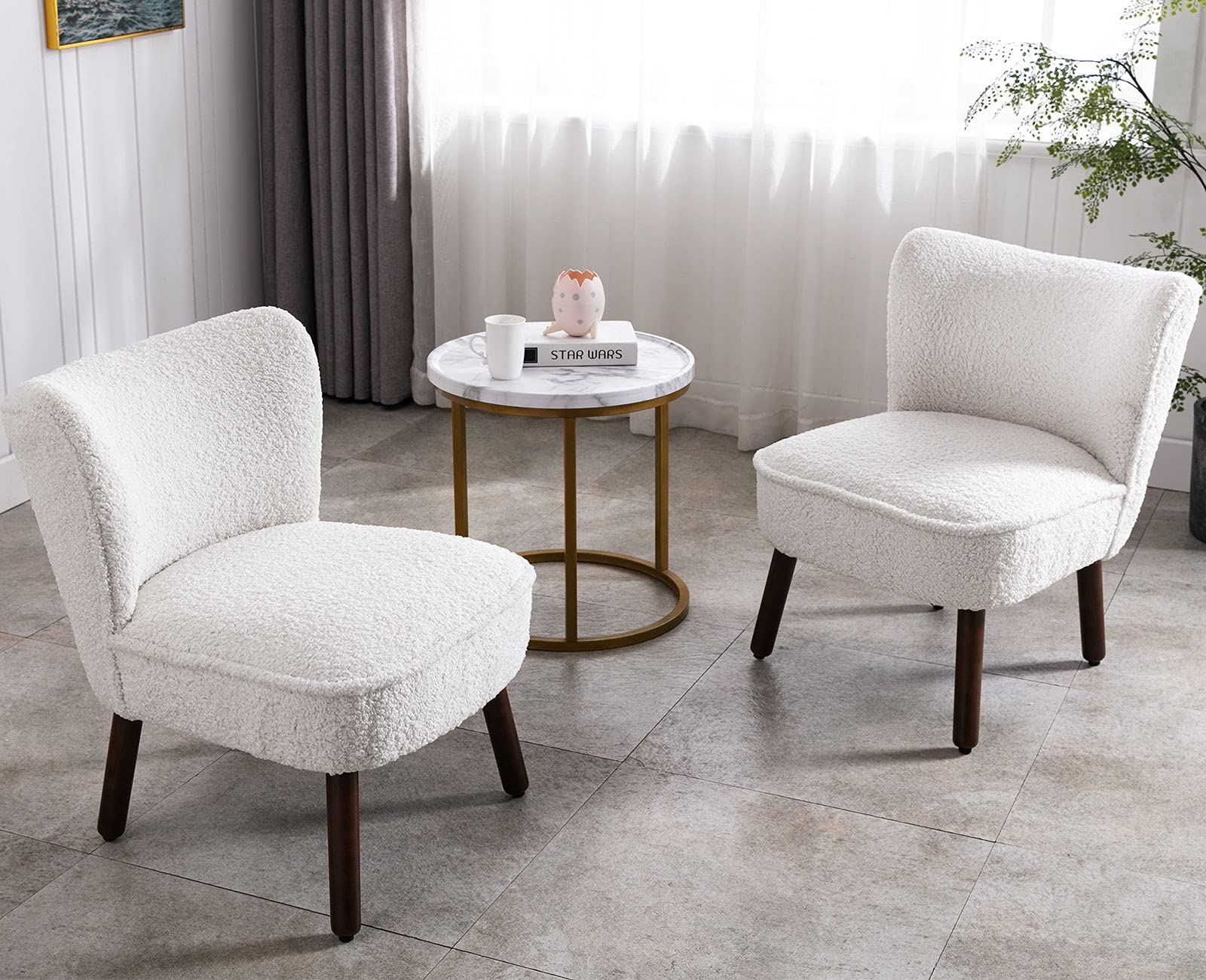 Shunzhi Sherpa Accent Chairs Set of 2 - Modern Upholstered Side Chairs with Golden Legs, Mid-Century Slipper Chairs for Living Room, Guest Room, Bedroom - Cozy Armless Wingback Sofa Chairs in White - Perfect for Reading Nooks, Lounge Areas & Home Decor