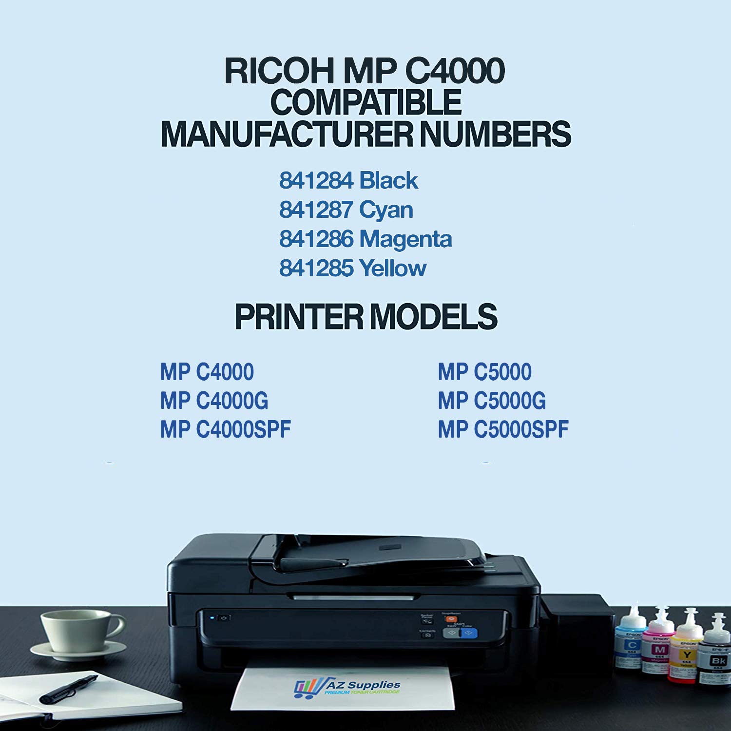 AZ SUPPLIES Compatible Toner Cartridge Replacement for Ricoh 841284/841287/841286/841285 MP C4000/C4000G/C4000SPF/C5000/C5000G/C5000SPF (4-Pack Black, Cyan, Magenta, Yellow) - High-Quality Office Printing Solution for Business Documents & Presentations