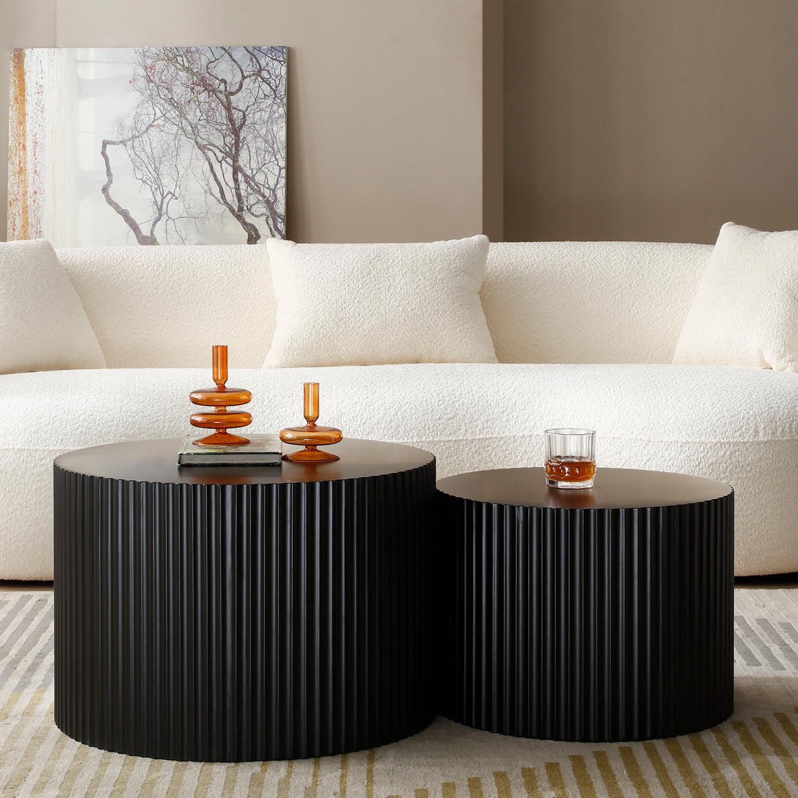 Modern Round Nesting Coffee Table Set of 2 - Handcrafted Wood Drum Side Tables with Embossed Design - Black Accent End Tables for Living Room & Bedroom - Perfect for Small Spaces, Coffee Time, and Stylish Home Decor