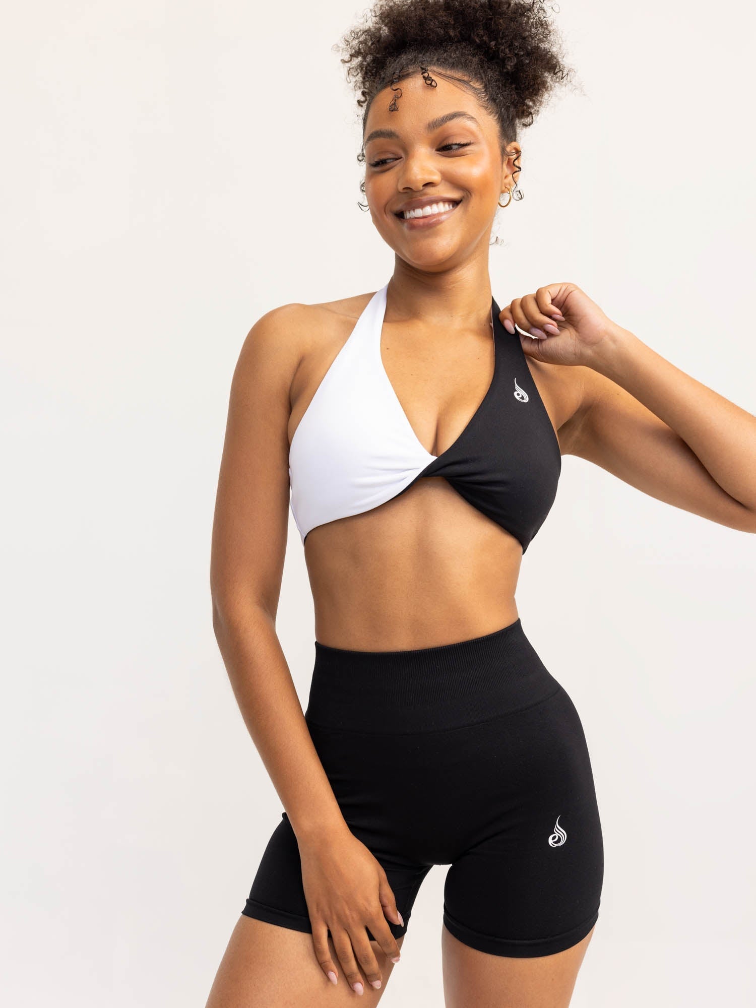 Duo Halter Twist Sports Bra for Women - High Support Workout Top - Black & White - Perfect for Yoga, Running, and Gym Fitness