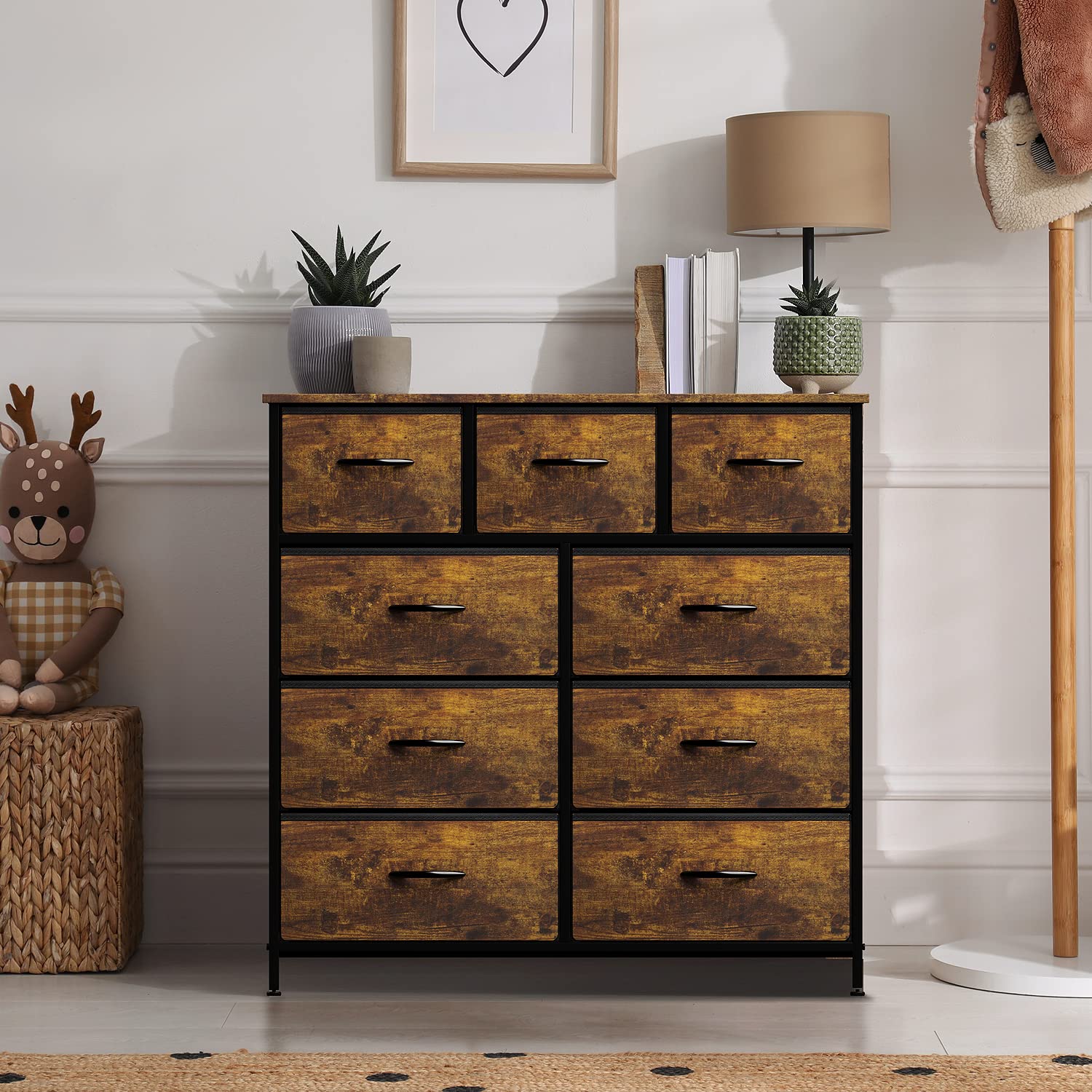 Sorbus 9-Drawer Fabric Dresser Organizer - Tall Storage Tower for Bedroom, Closet & Living Room - Steel Frame with Wood Handles & Fabric Bins (Rustic Wood) - Perfect for Organizing Clothes, Toys & Home Essentials