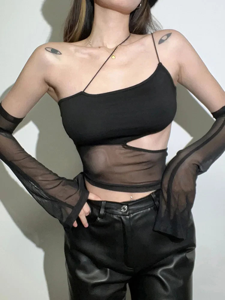 Fairy Grunge Mesh Crop Top with Asymmetrical Cut Out & Sleeves - Transparent Camisole Tank Tops for Women | Perfect for Concerts, Festivals & Edgy Streetwear Outfits