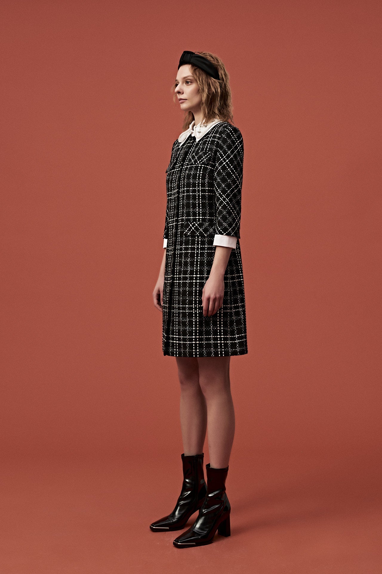 Elegant Black Tweed Dress with White Beaded Lapel - Perfect for Office, Cocktail Parties & Formal Events