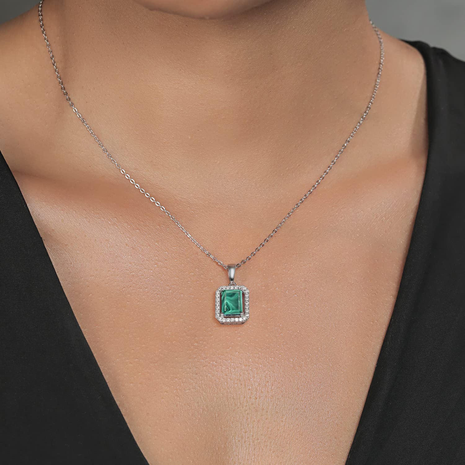 Gem Stone King 925 Sterling Silver Emerald Cut 9X7MM Birthstone Halo Pendant Necklace for Women with 18 Inch Silver Chain | Perfect Gift for Birthday, Anniversary & Mother's Day | Elegant Jewelry for Everyday Wear & Special Occasions