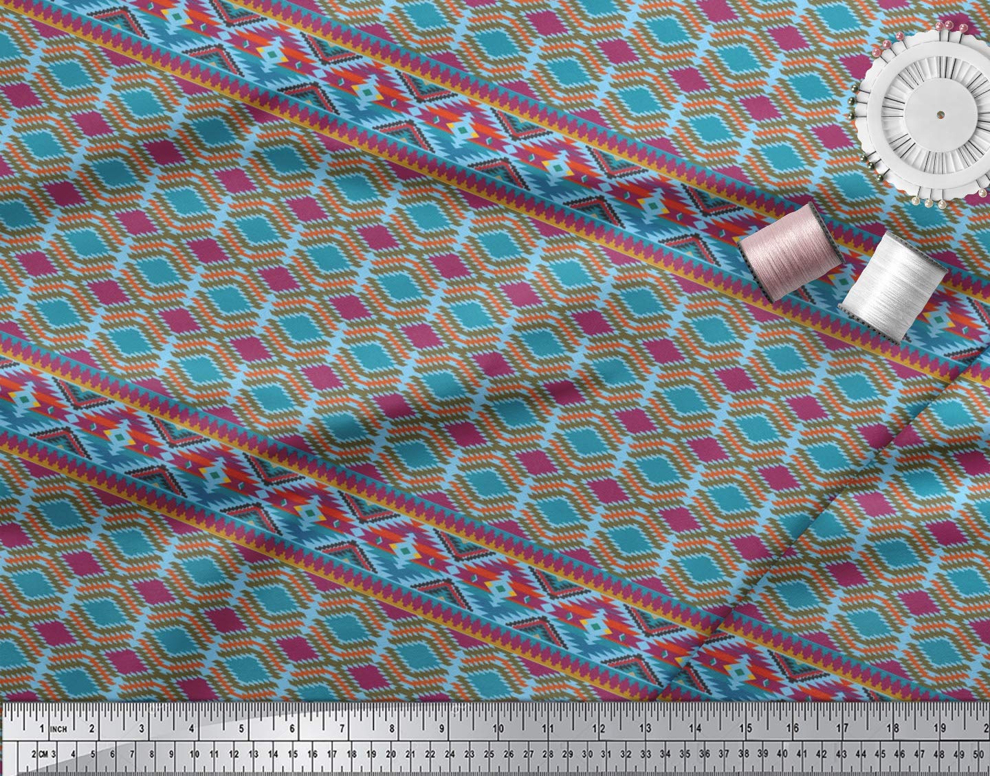 Soimoi Moss Georgette Blue Fabric by The Yard - 42 Inch Wide Aztec Geometric Printed Fabric for Dresses, Curtains & Home Decor | Tribal Contemporary Fashion Material for DIY Sewing Projects
