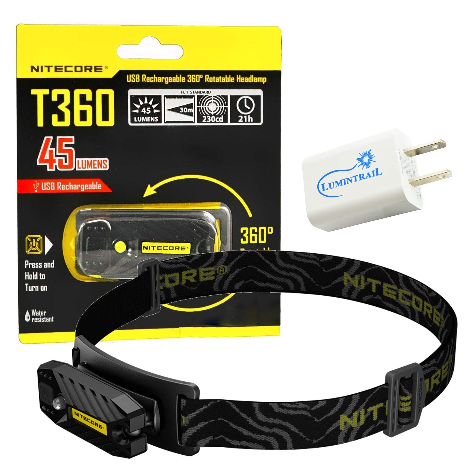 Nitecore T360 USB Rechargeable LED Headlamp with Lumintrail Wall Adapter - 1000 Lumen Waterproof Headlight for Camping, Hiking & Outdoor Activities