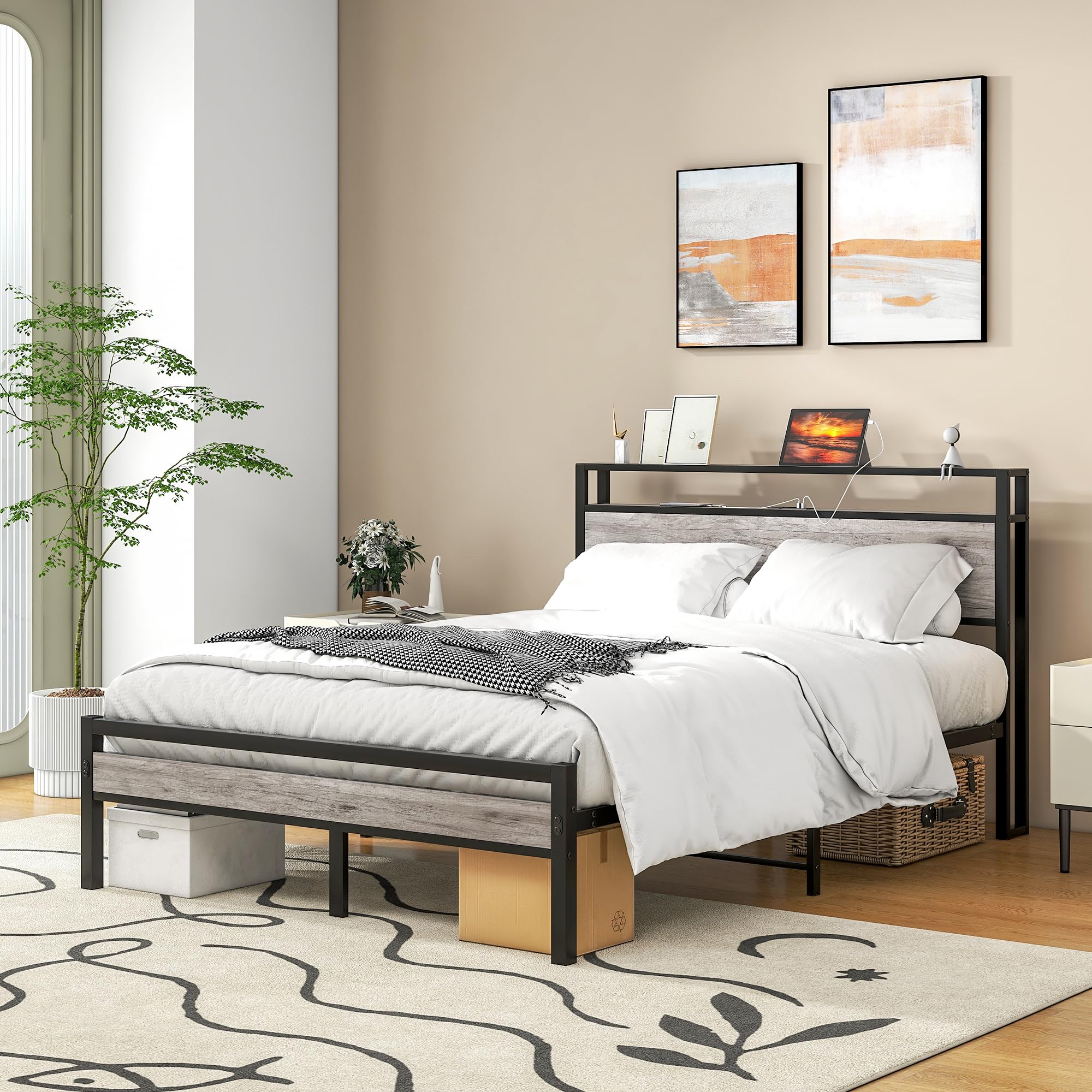 Full Size Bed Frame with Storage Headboard & USB Charging Ports - Sturdy Metal Platform Bed with Noise-Free Steel Slats - No Box Spring Needed - Warm Grey Finish - Perfect for Small Bedrooms, Guest Rooms & Apartments