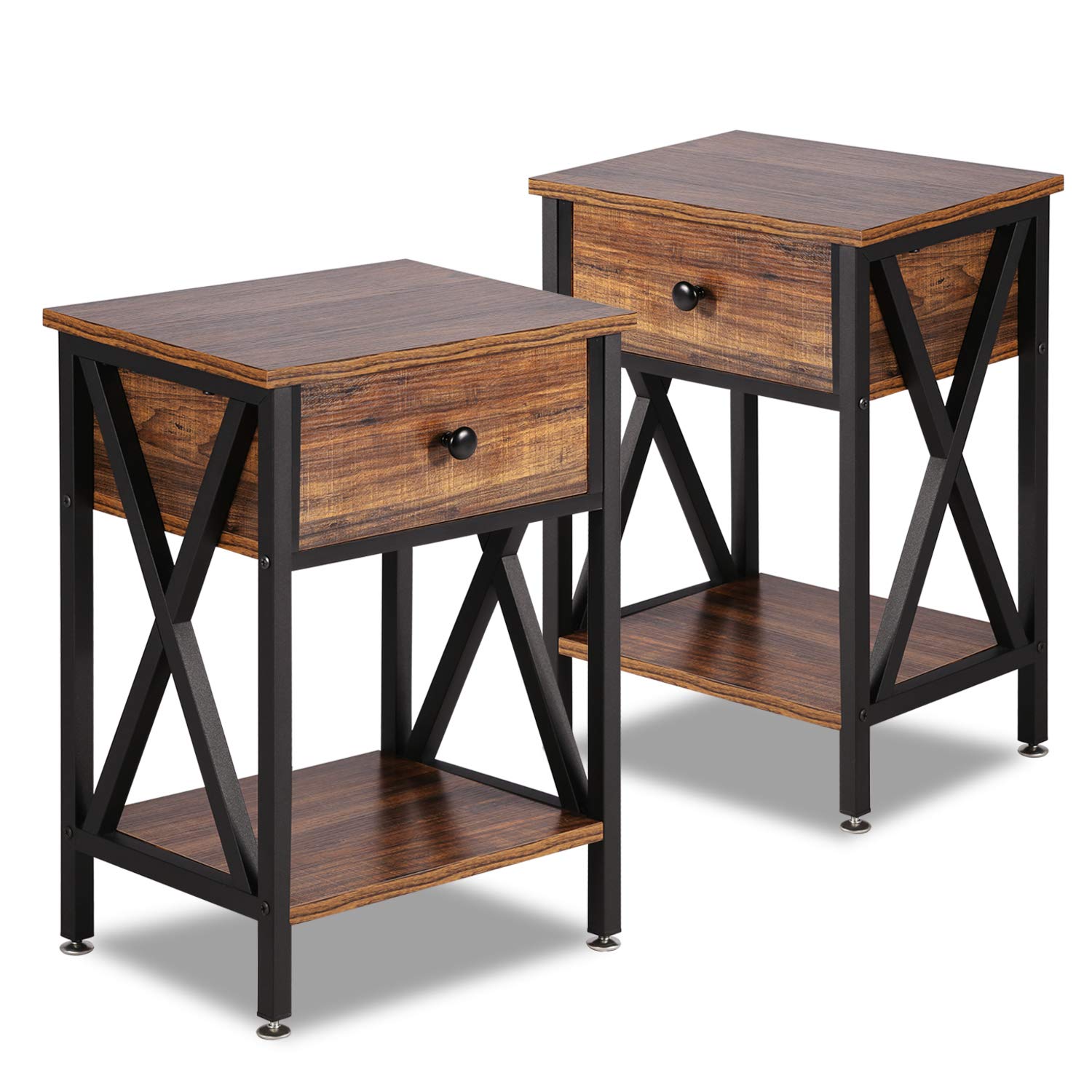 VECELO Modern Nightstand Set of 2 - X-Design End Table with Storage Shelf & Bin Drawer for Bedroom, Living Room - Versatile Side Table in Brown | Perfect for Small Spaces, Apartment Decor & Guest Rooms